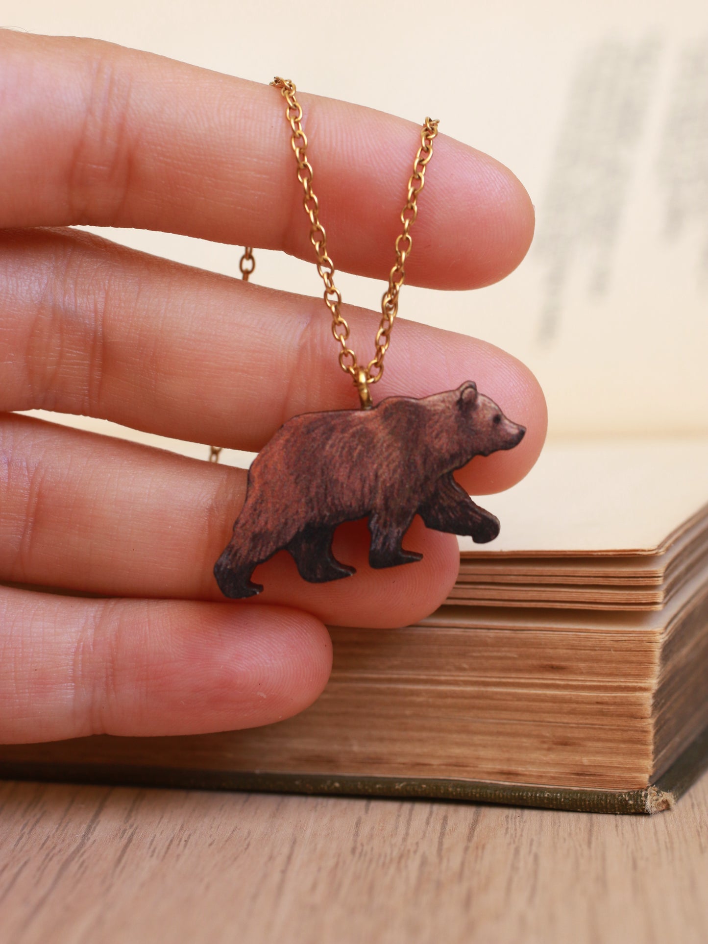 Grizzly bear necklace - wooden brown bear pendant