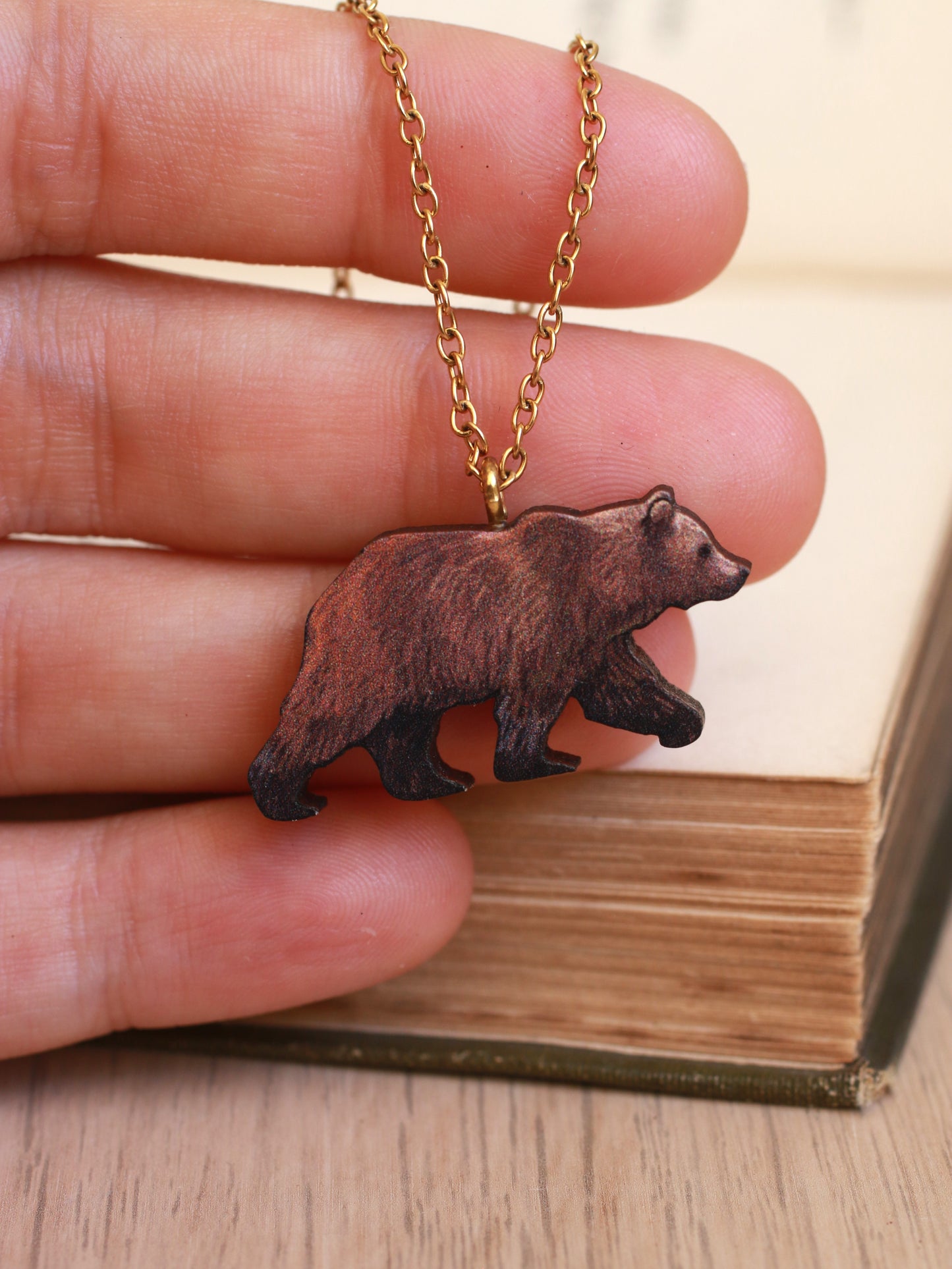 Grizzly bear necklace - wooden brown bear pendant