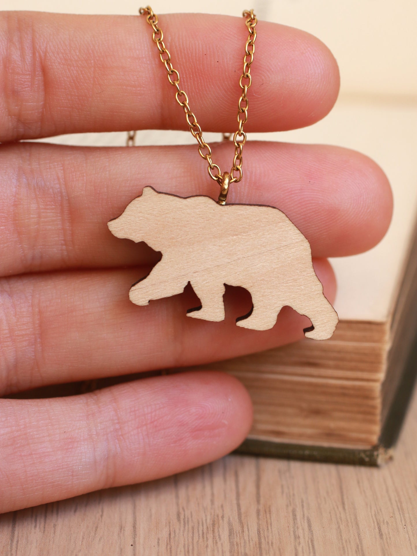 Grizzly bear necklace - wooden brown bear pendant