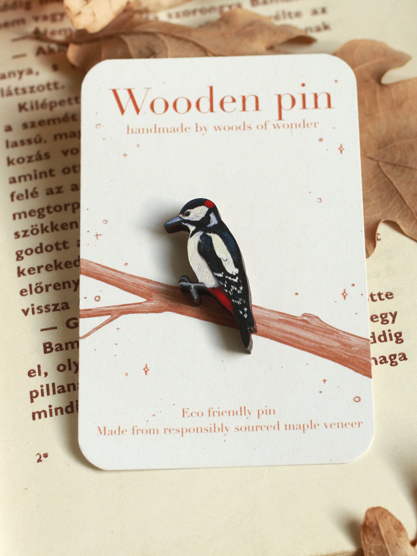 Woodpecker pin - wooden bird booch