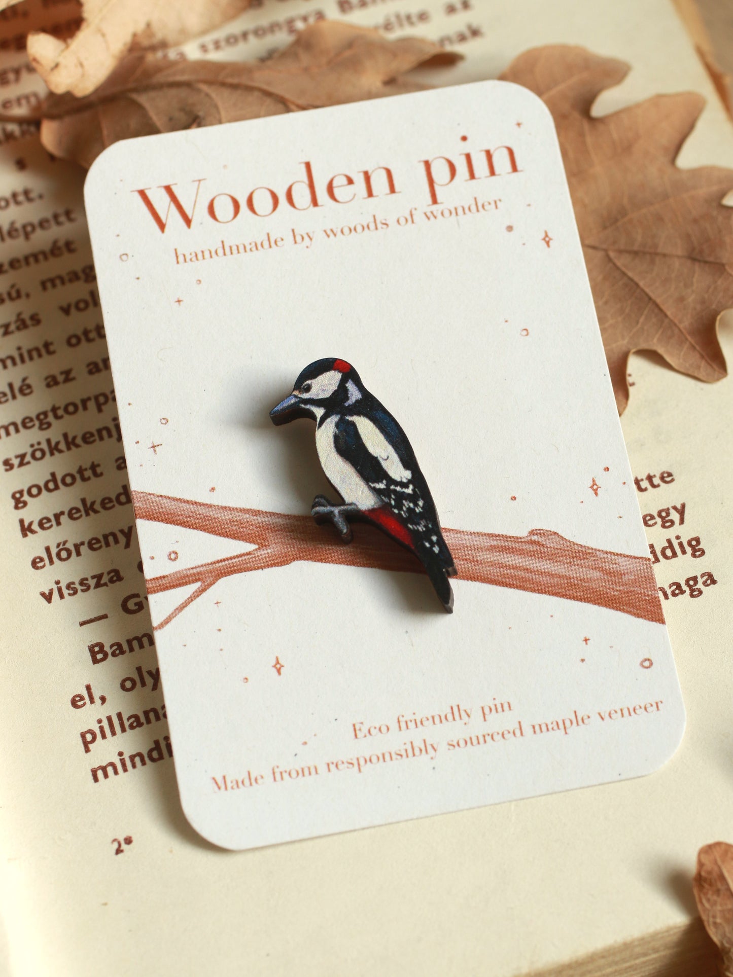 Woodpecker pin - wooden bird booch