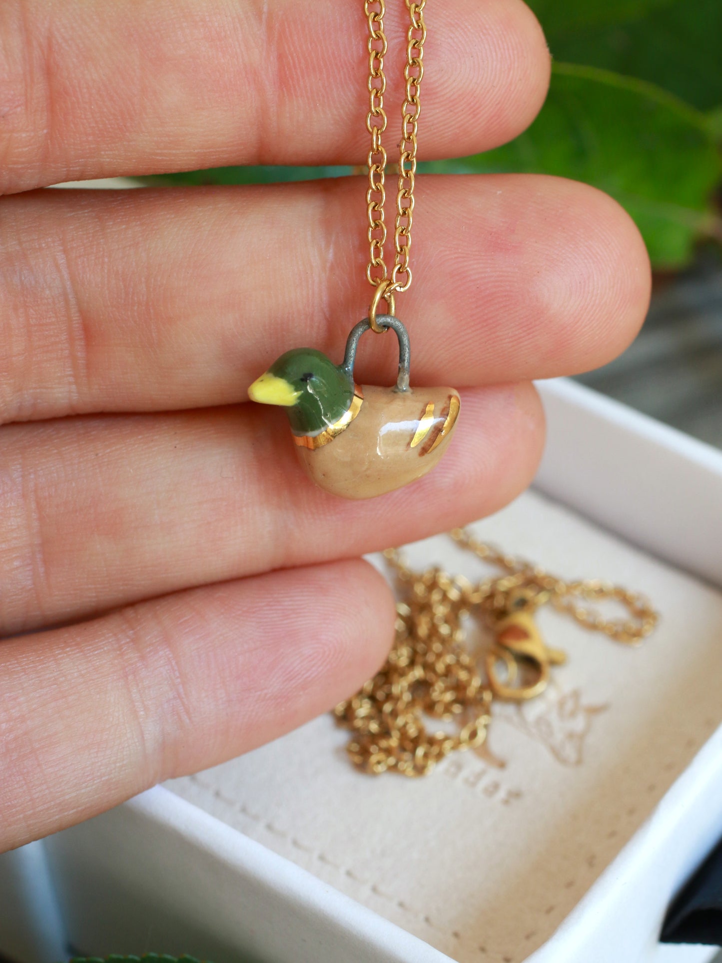 Ceramic Duck necklace - 22k gold details