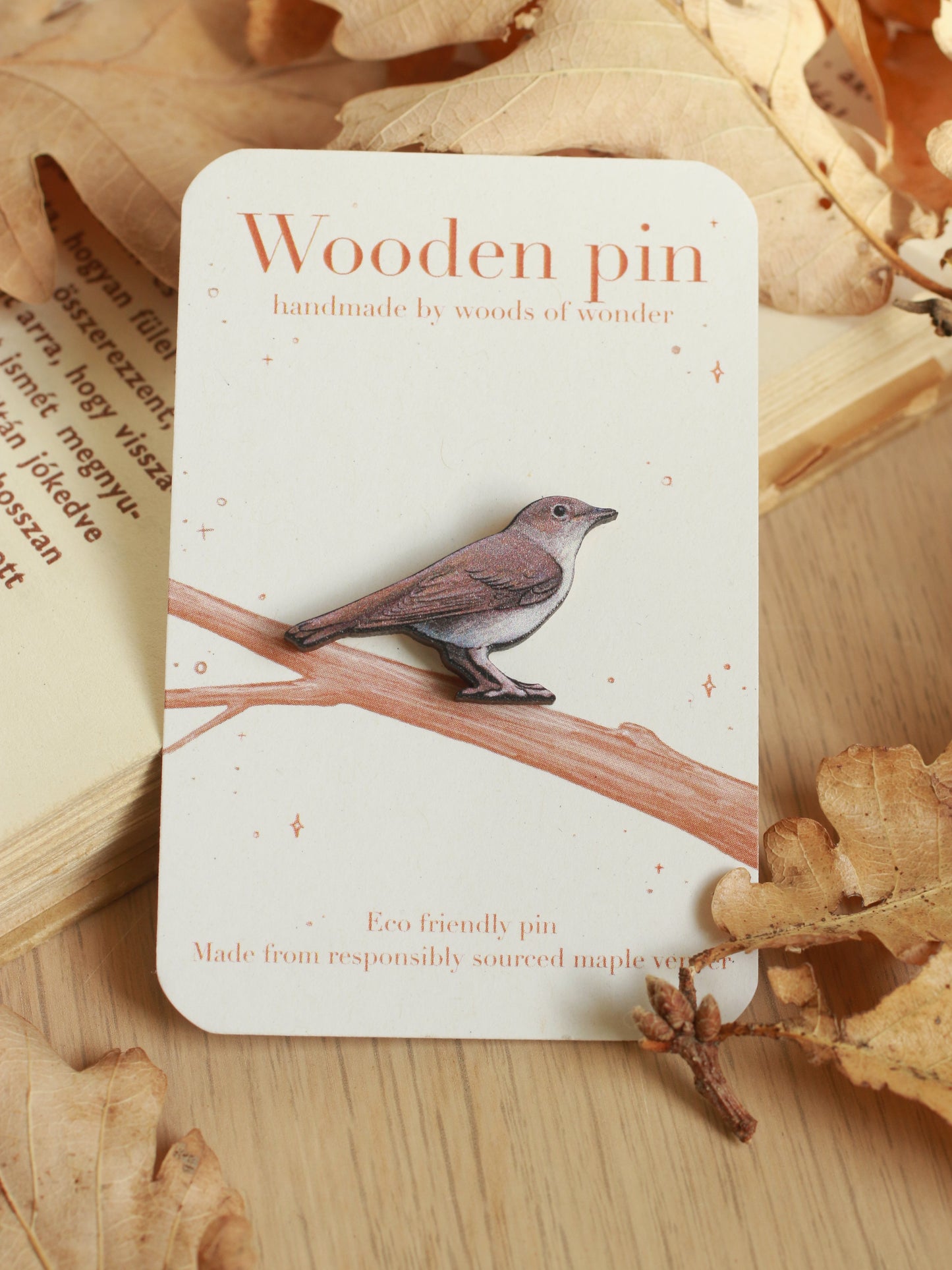 Nightingale pin - wooden bird brooch