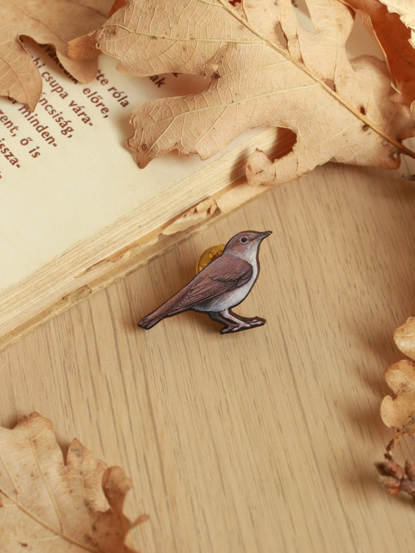 Nightingale pin - wooden bird brooch