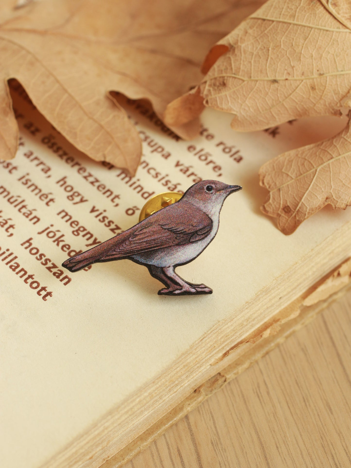 Nightingale pin - wooden bird brooch