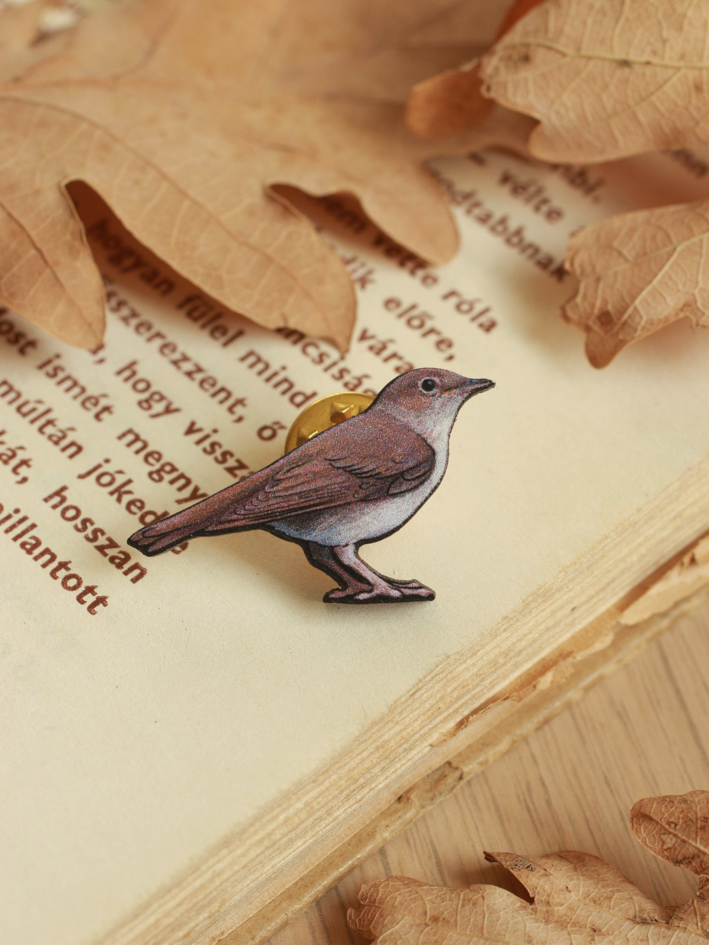 Nightingale pin - wooden bird brooch