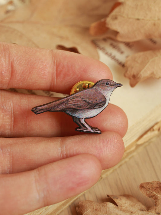 Nightingale pin - wooden bird brooch