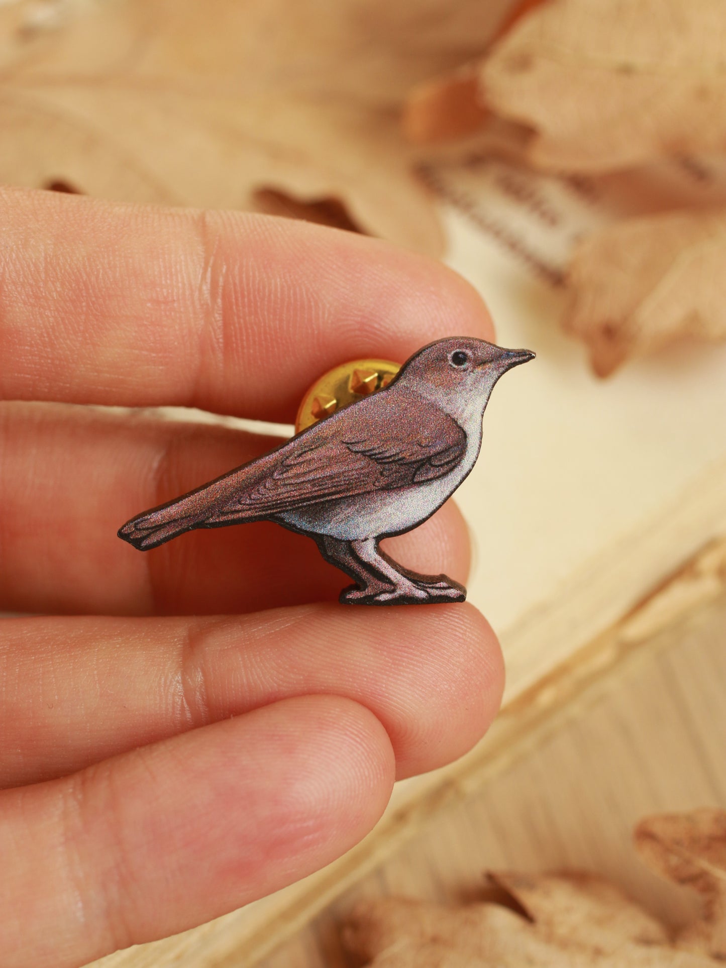 Nightingale pin - wooden bird brooch