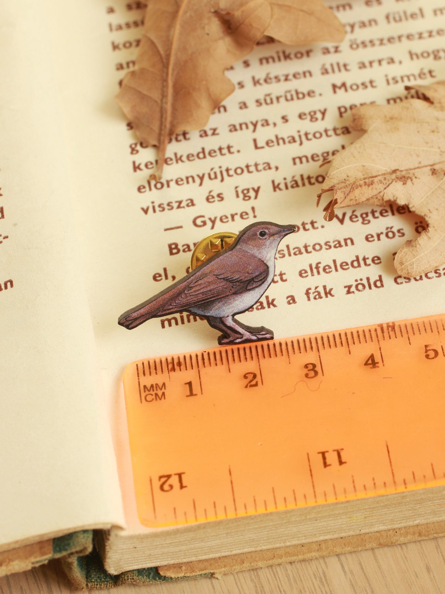 Nightingale pin - wooden bird brooch