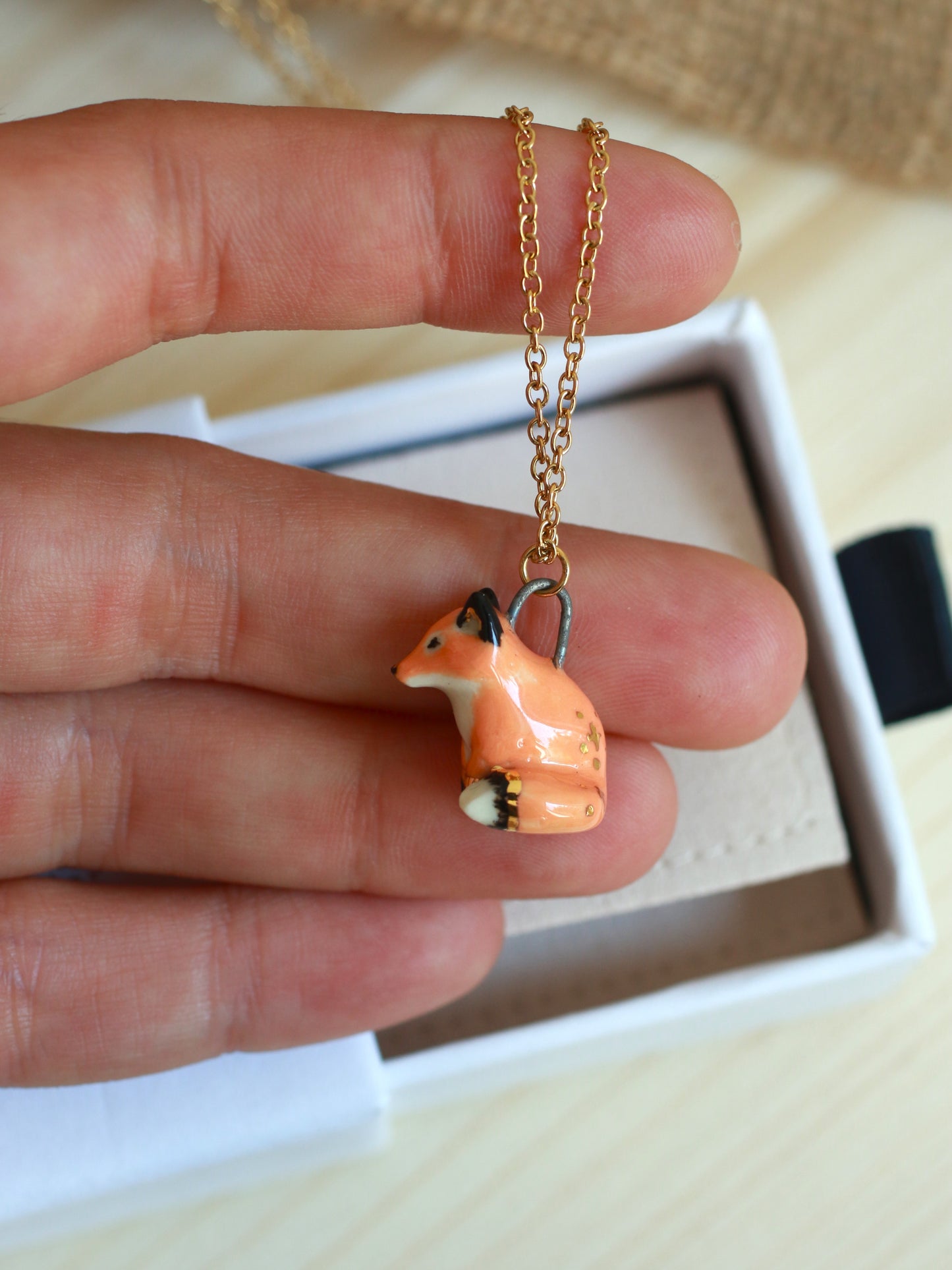 Ceramic Fox necklace - 22k gold details