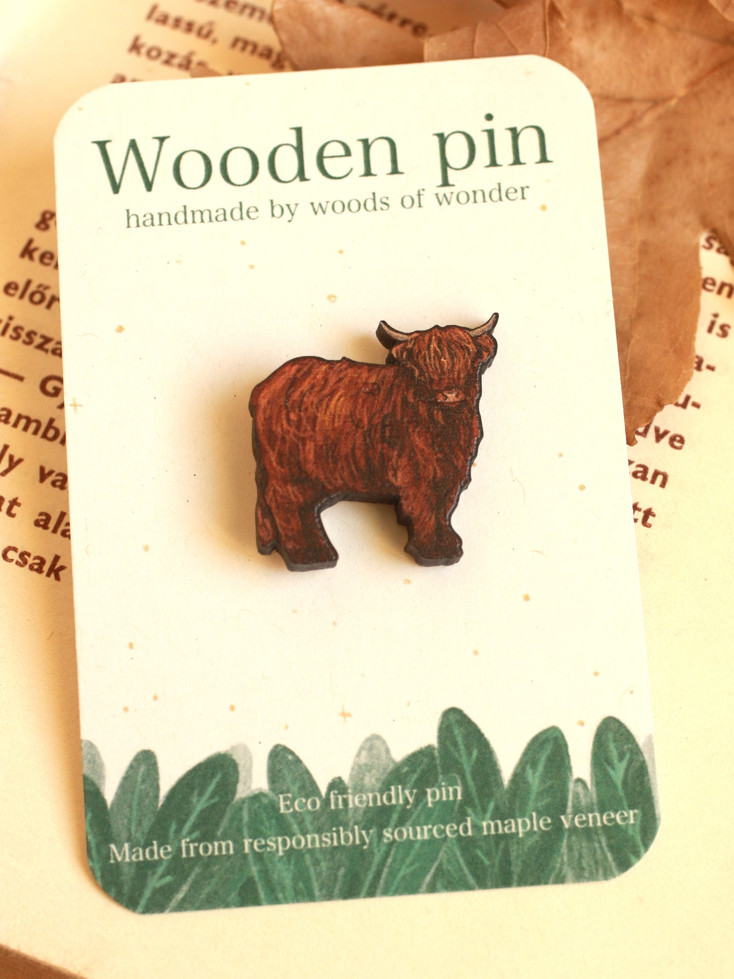 Highland cow pin - Wooden highland cow brooch