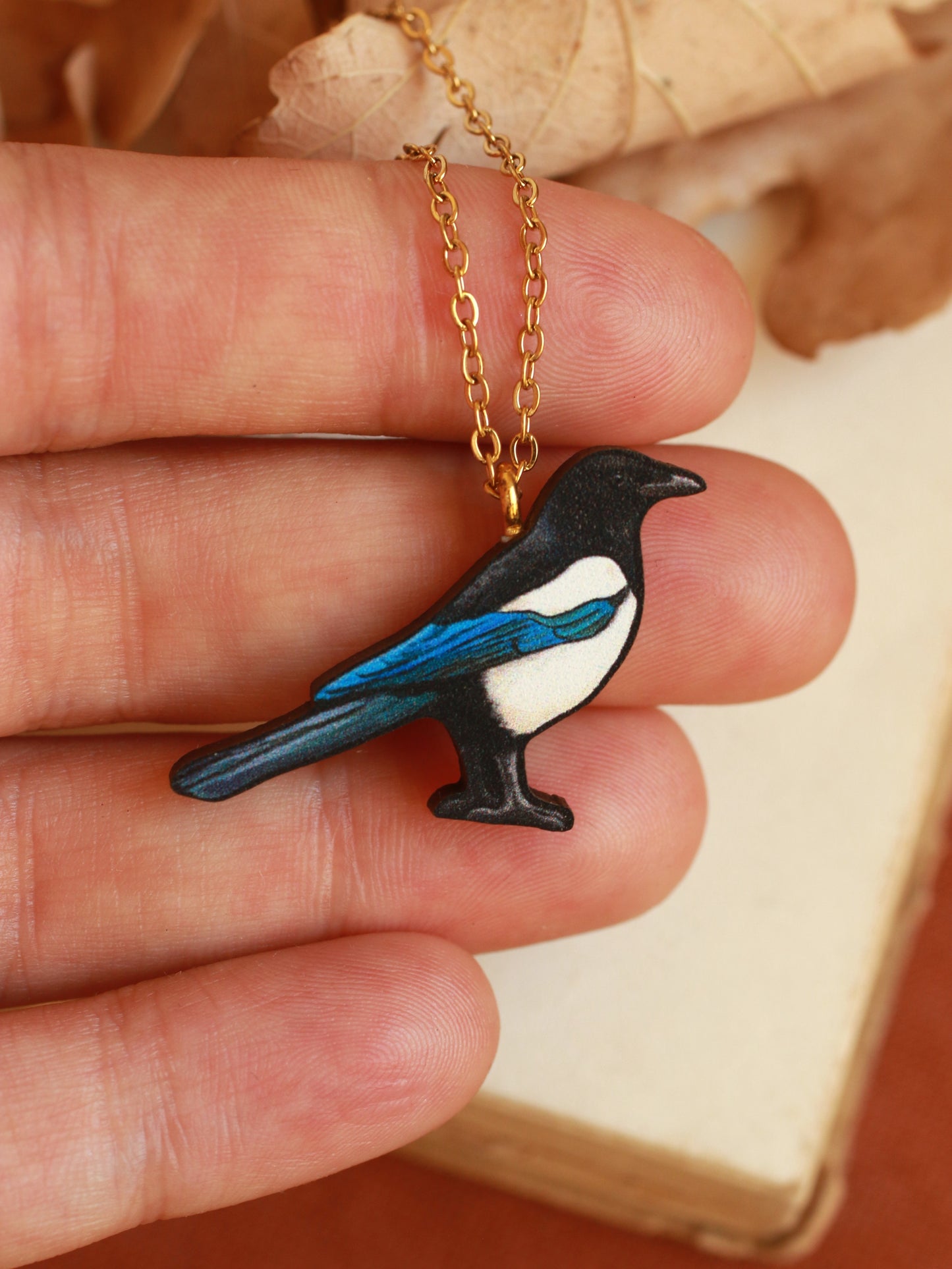 Magpie necklace - wooden bird pendant