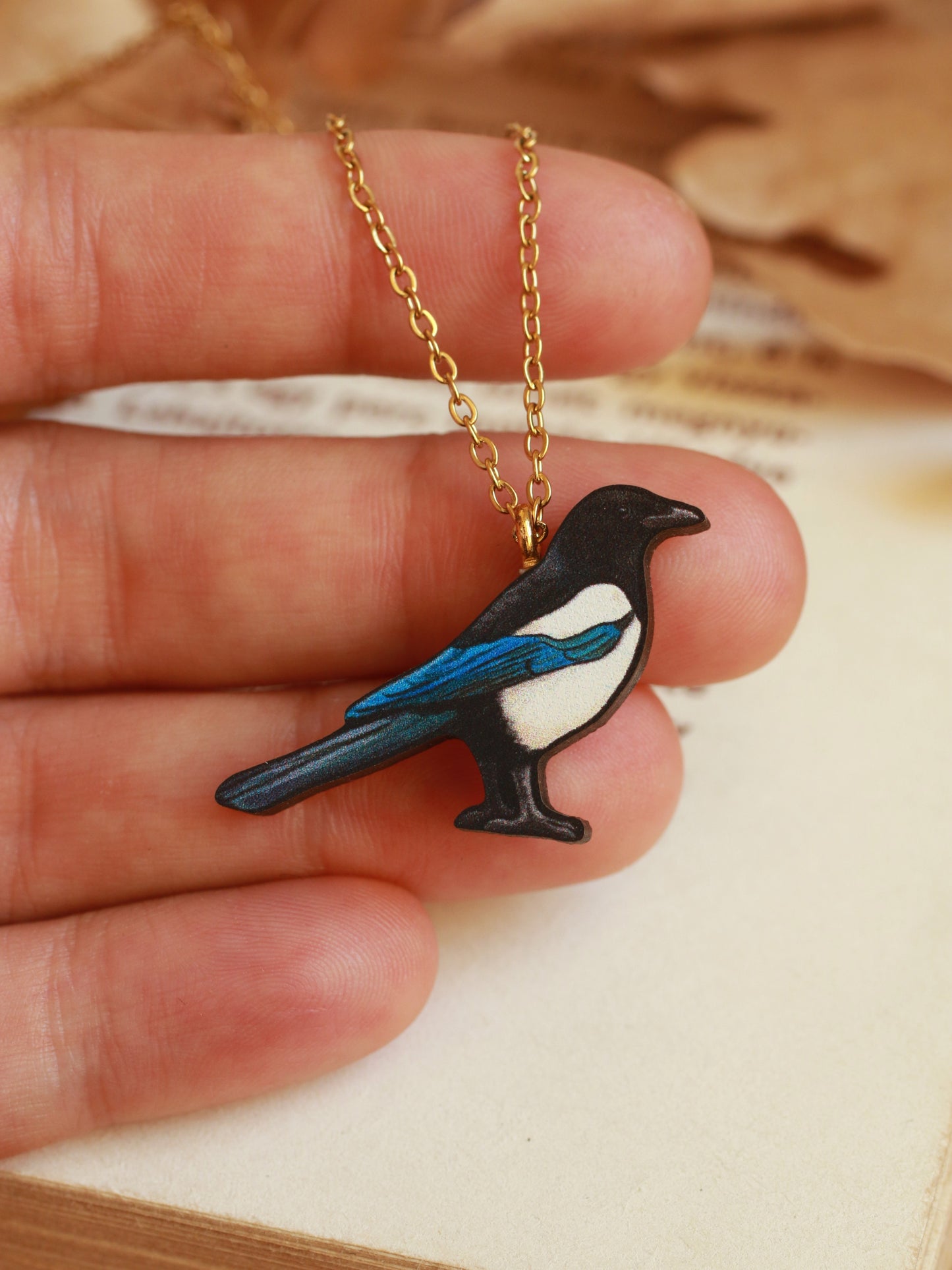 Magpie necklace - wooden bird pendant