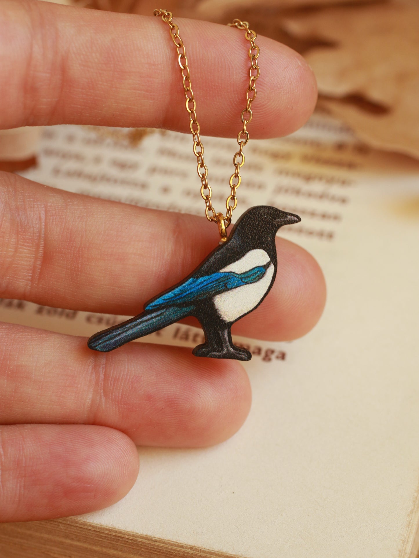 Magpie necklace - wooden bird pendant