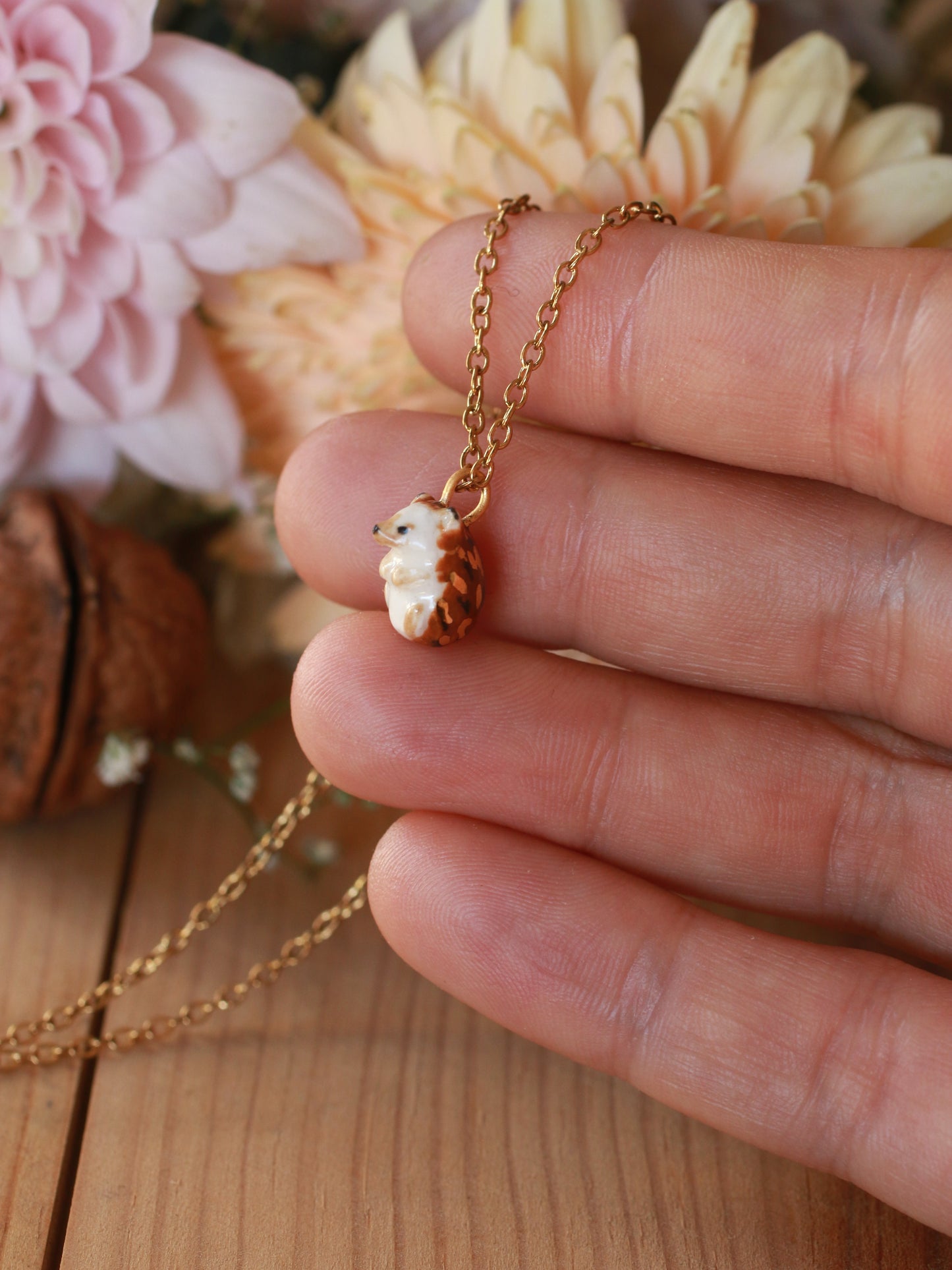 Hedgehog necklace in a walnut box