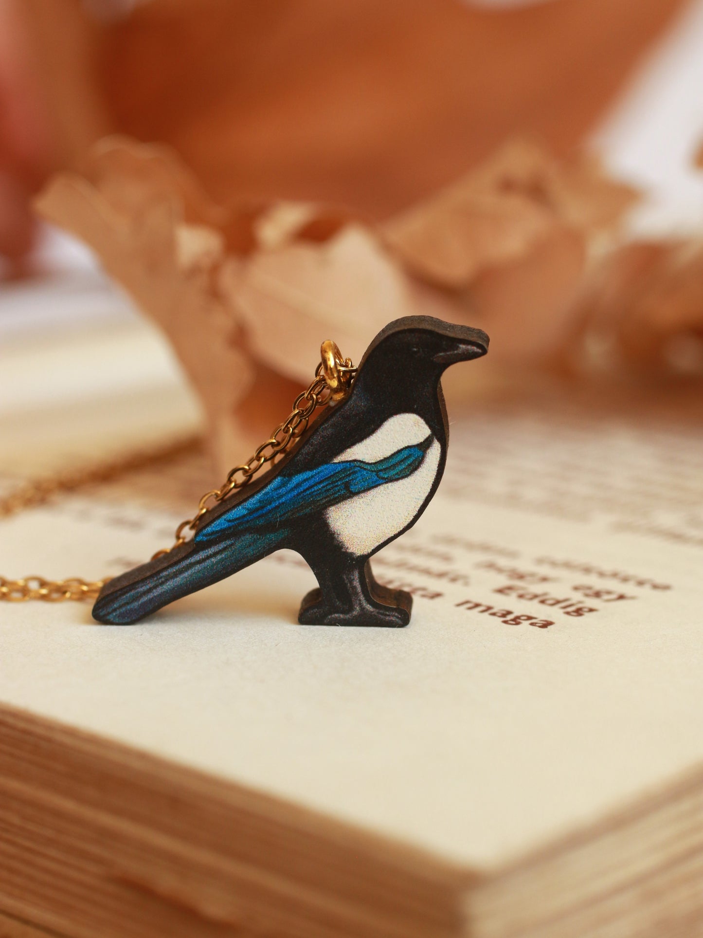 Magpie necklace - wooden bird pendant