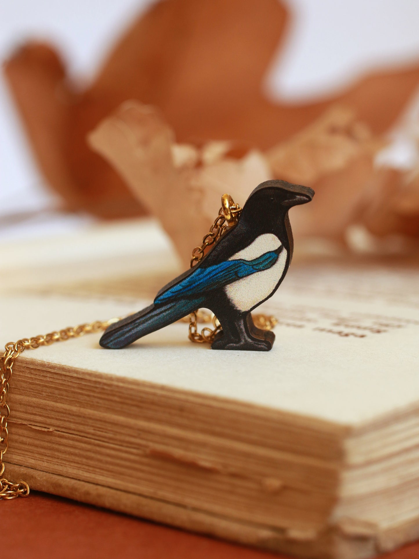 Magpie necklace - wooden bird pendant