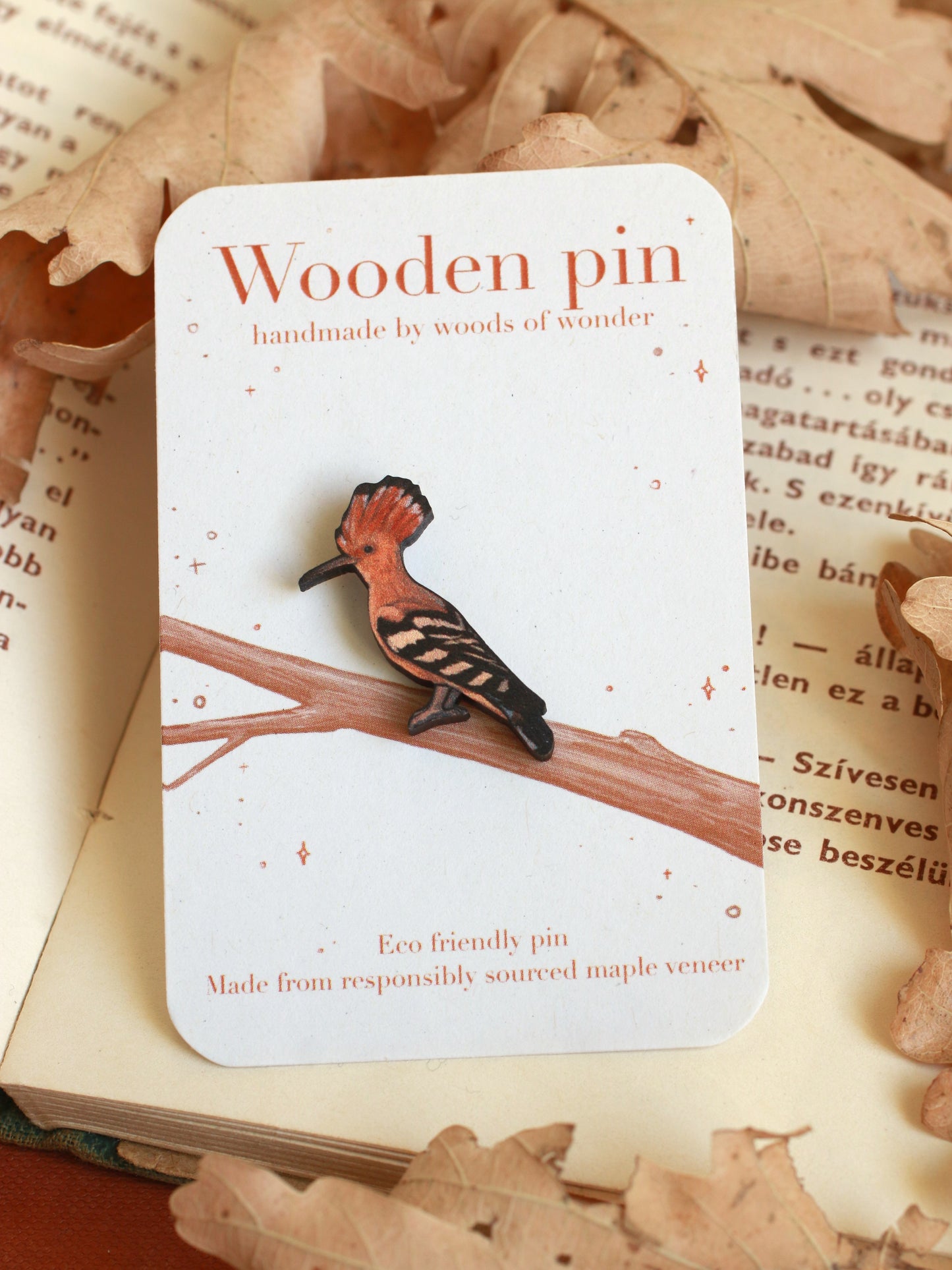 Hoopoe pin - wooden bird pin