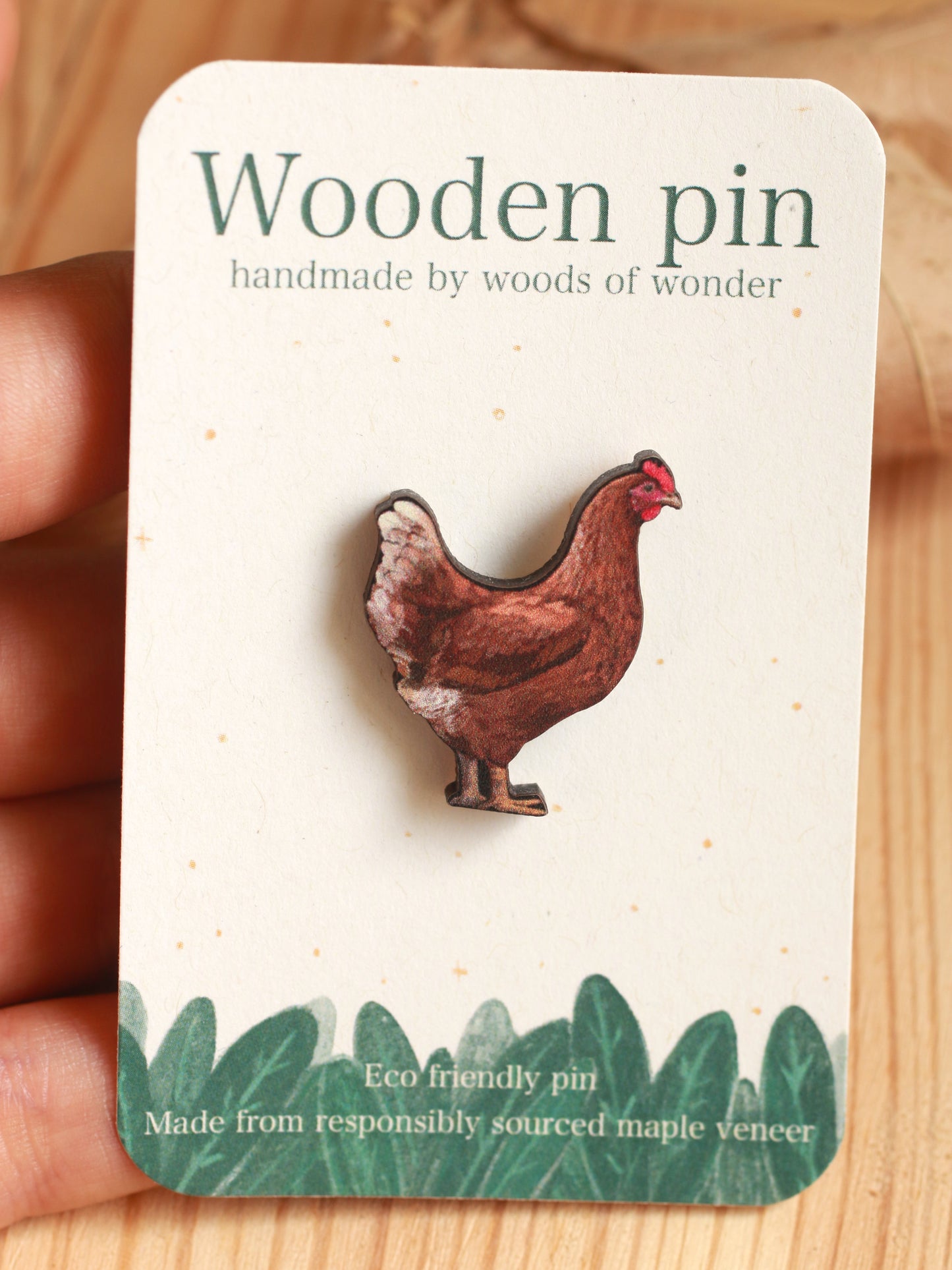 Chicken pin - wooden hen brooch