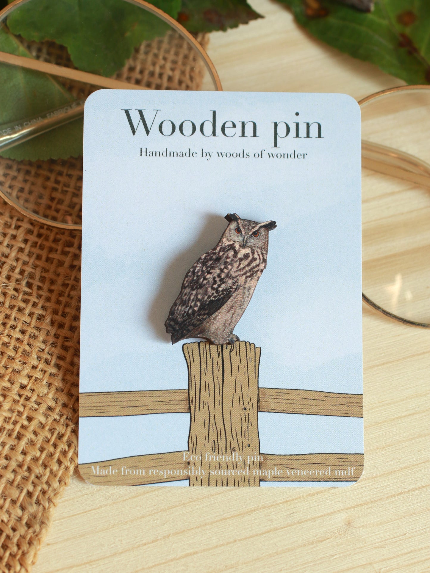 Great horned owl pin - wooden pin