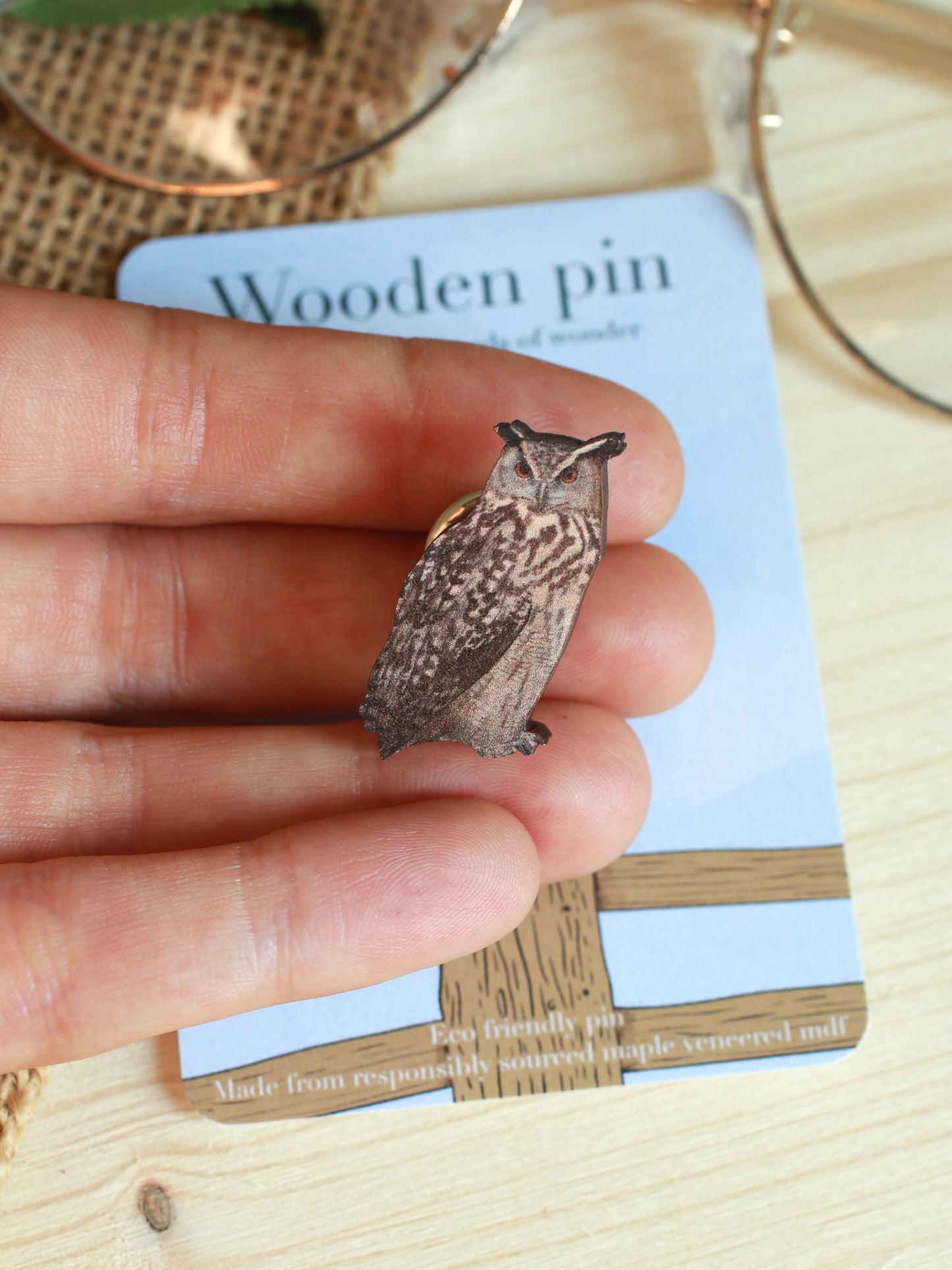 Great horned owl pin - wooden pin