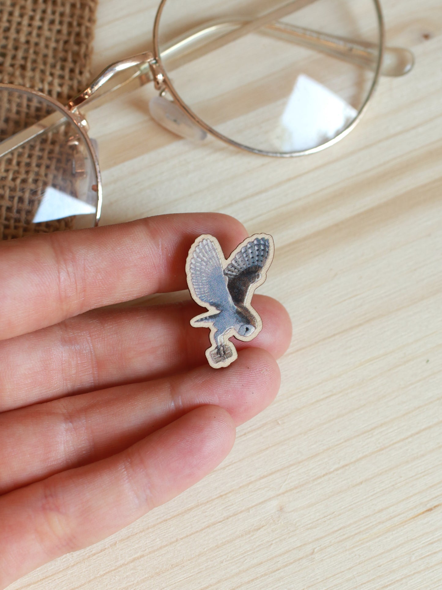 Wooden barn owl pin