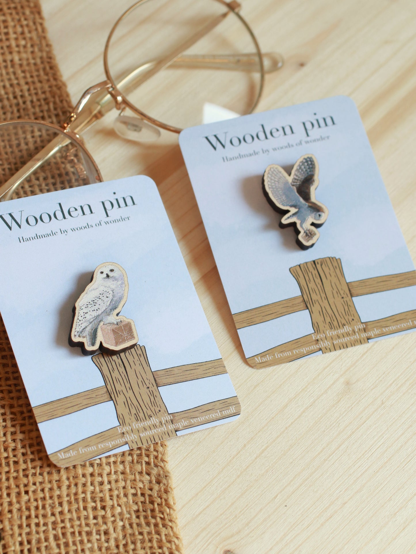 Wooden barn owl pin
