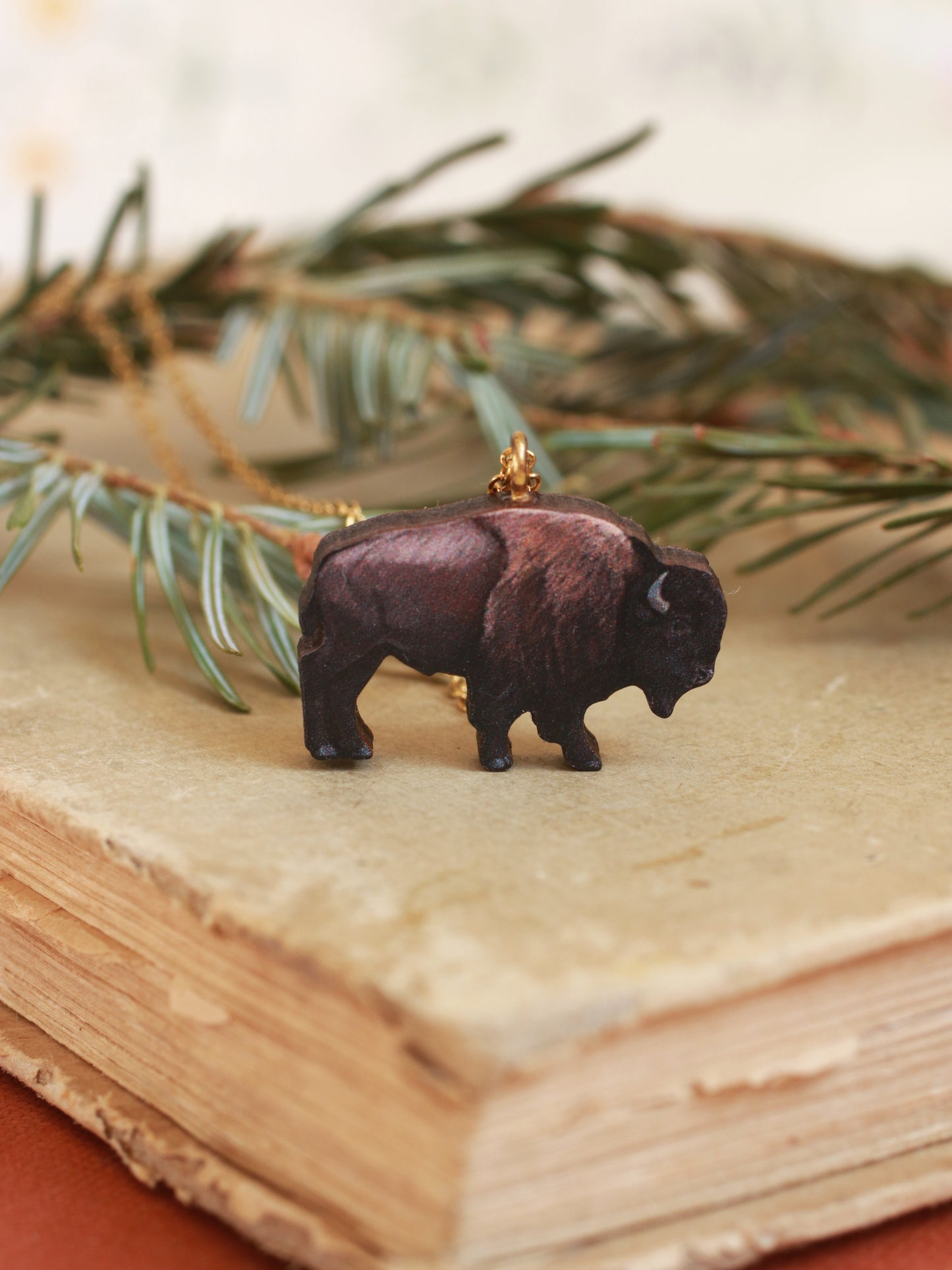 Bison necklace - Wooden buffalo pendant