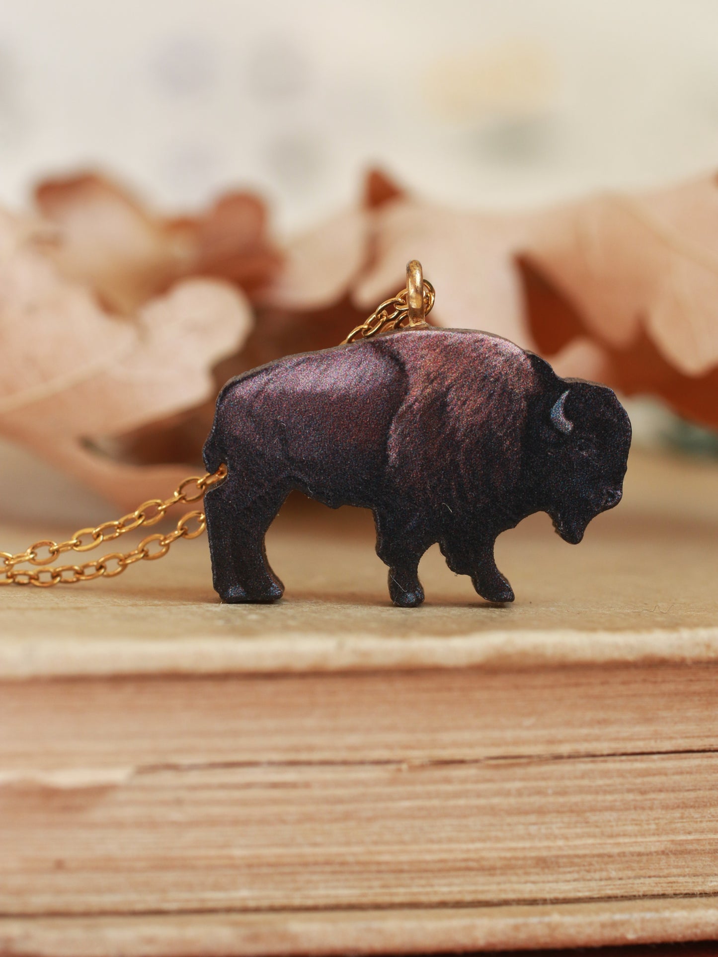 Bison necklace - Wooden buffalo pendant