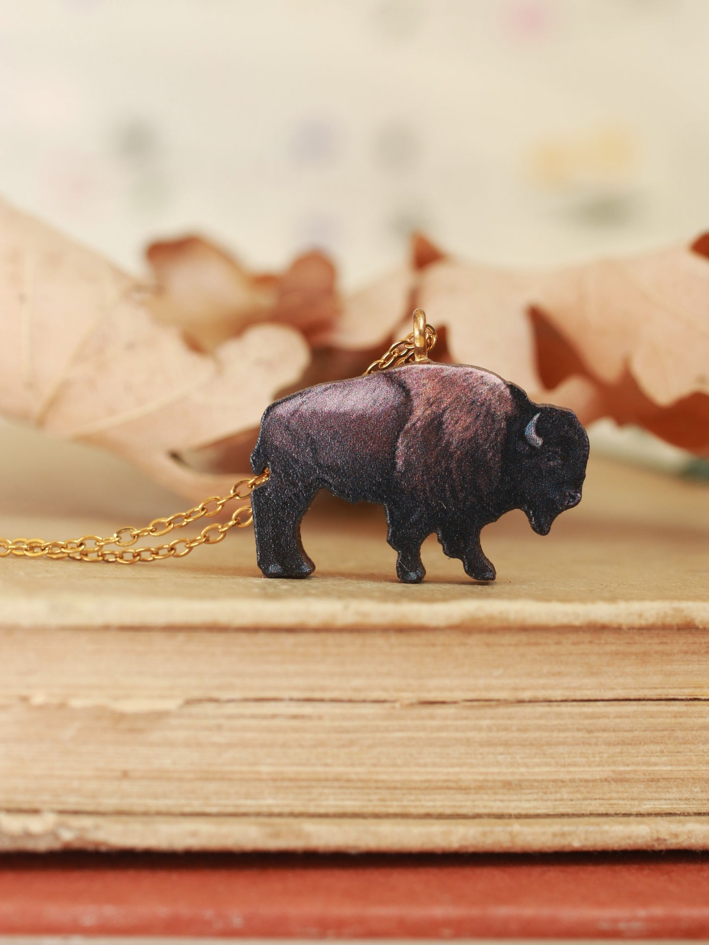 Bison necklace - Wooden buffalo pendant