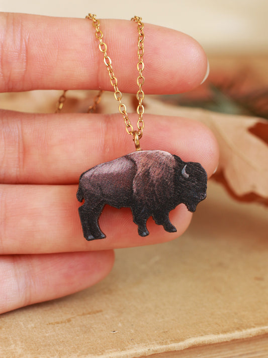 Bison necklace - Wooden buffalo pendant