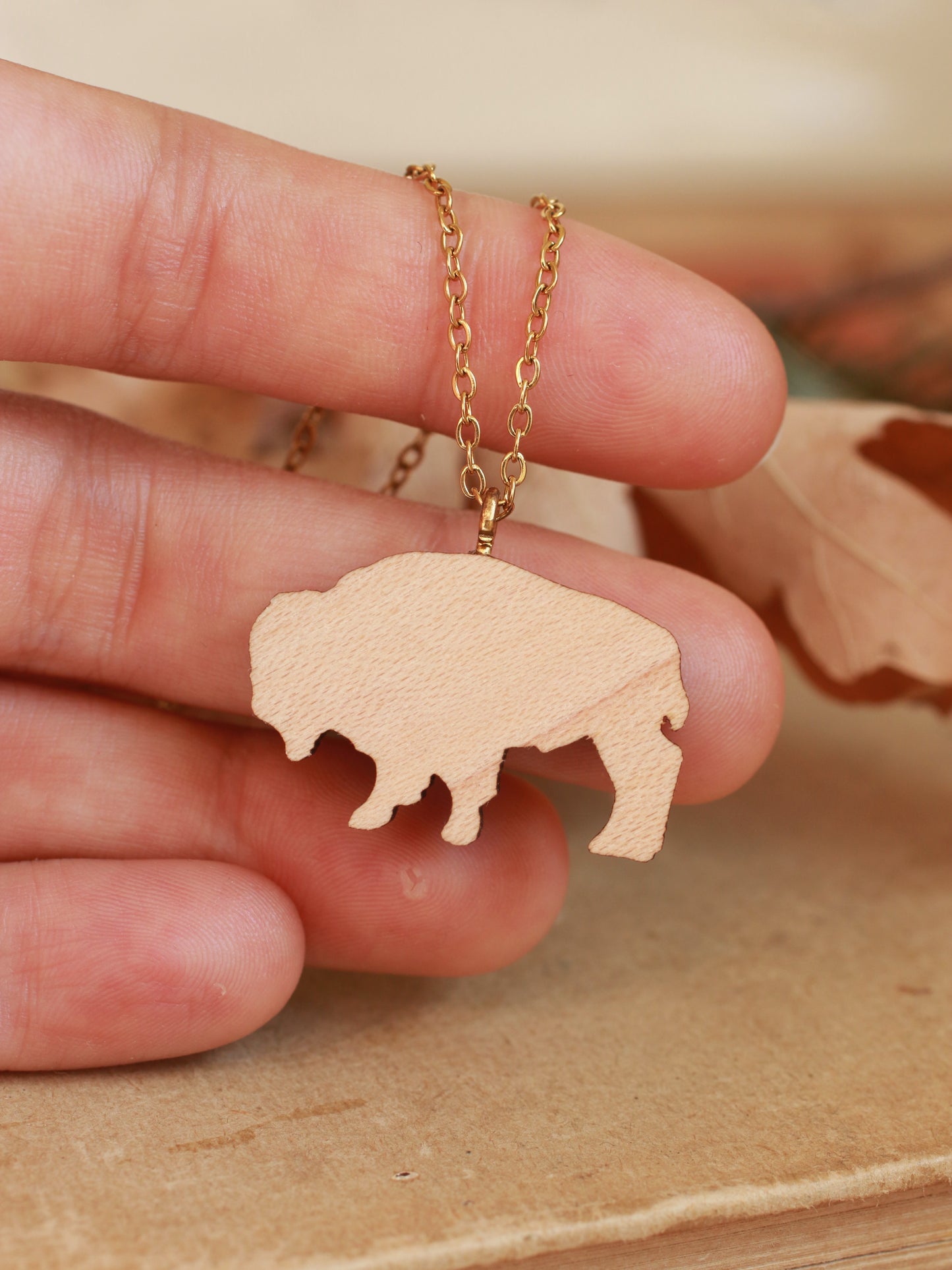 Bison necklace - Wooden buffalo pendant