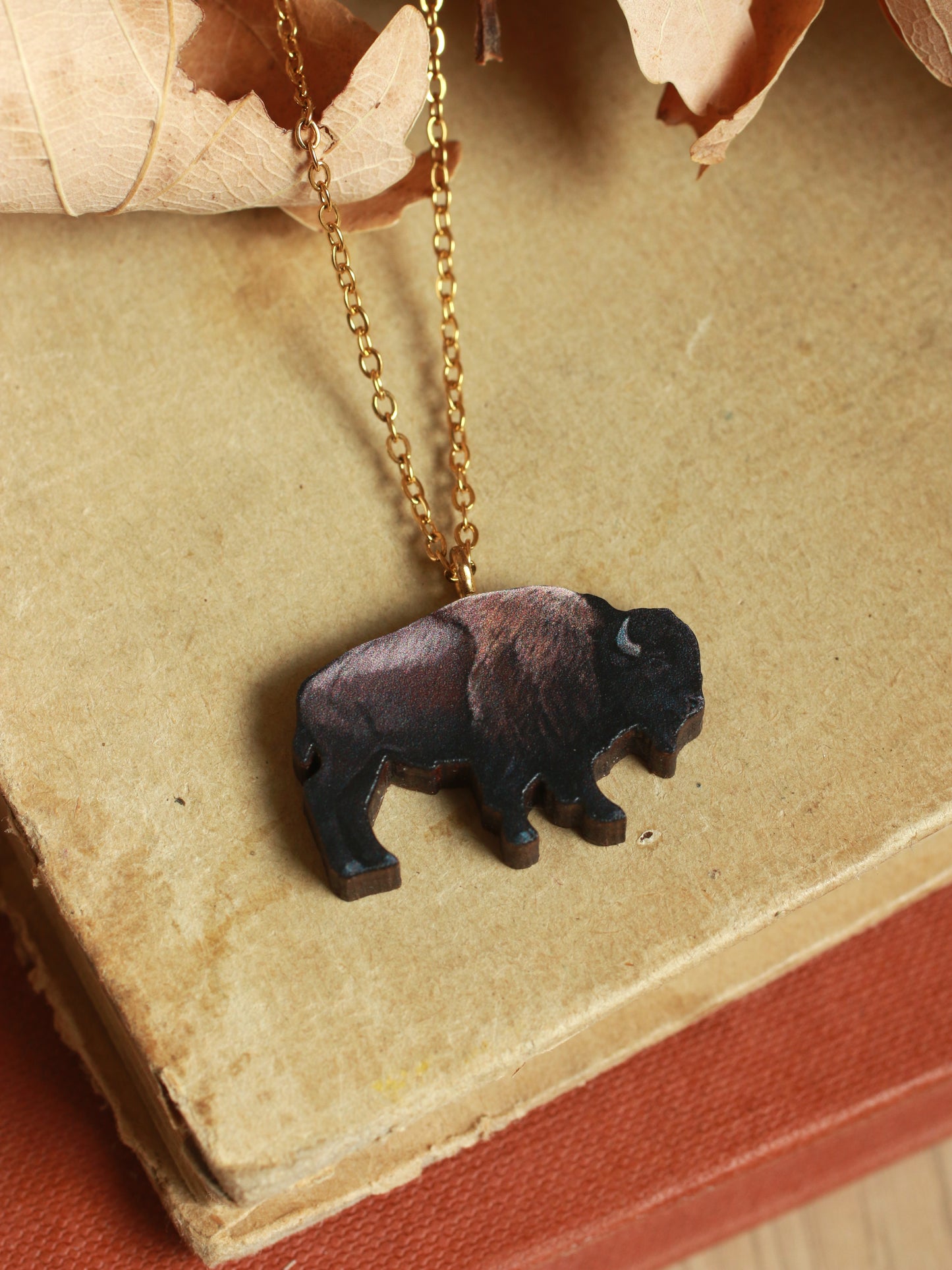 Bison necklace - Wooden buffalo pendant