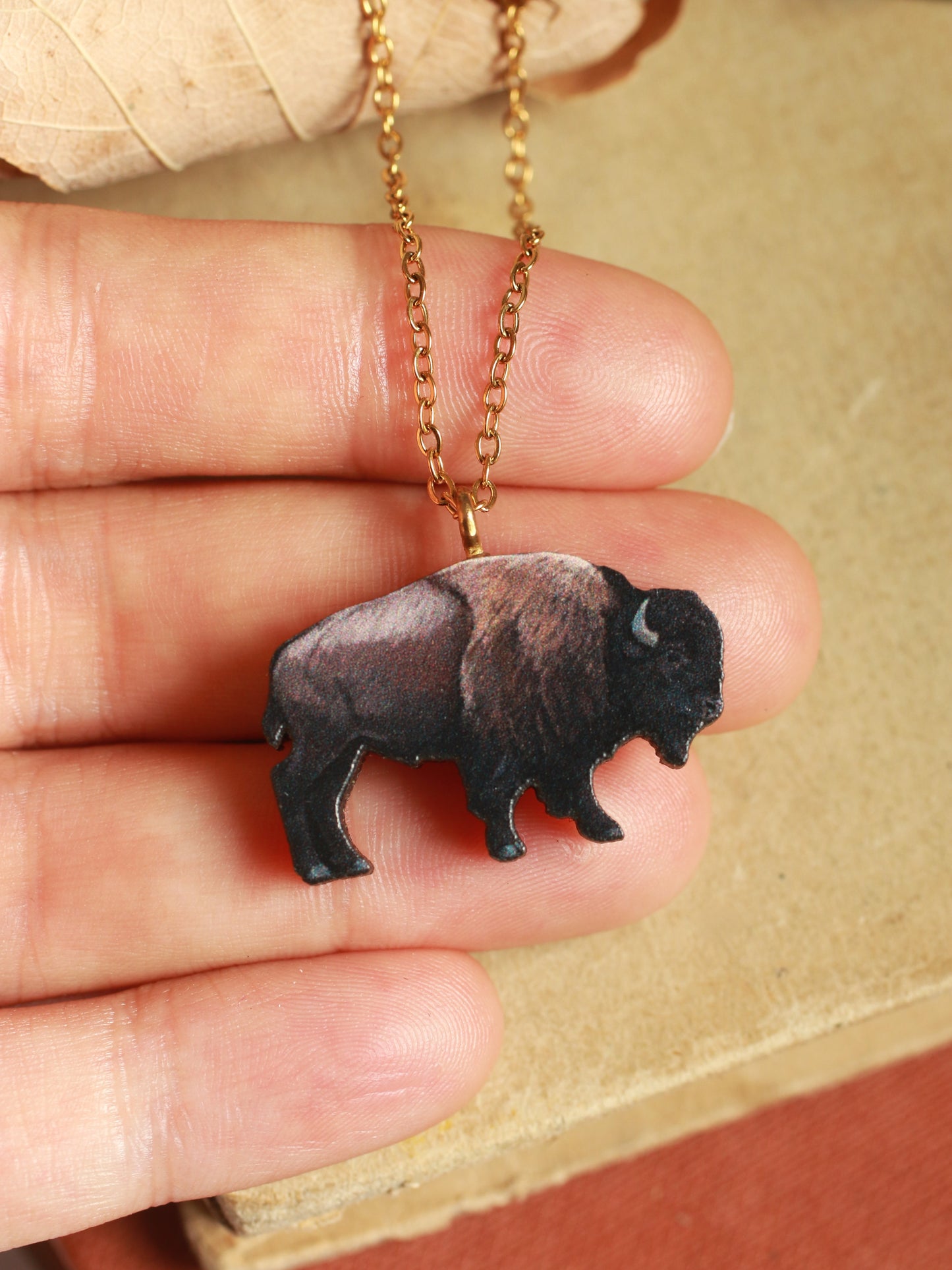 Bison necklace - Wooden buffalo pendant