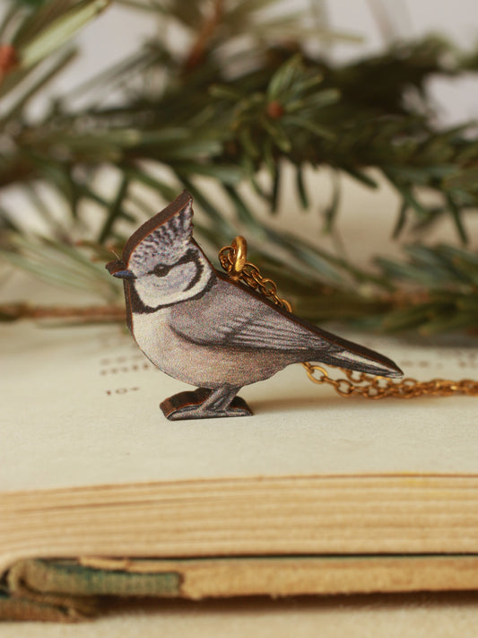 Crested tit necklace - wooden bird pendant