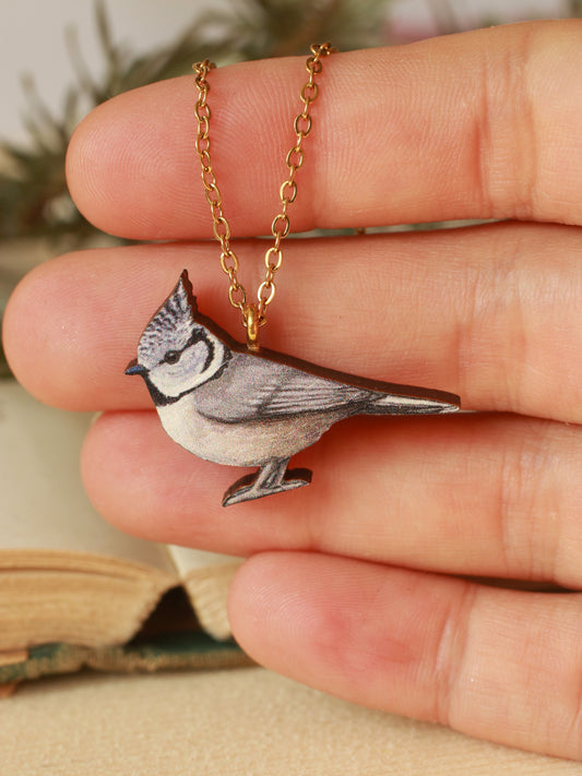 Crested tit necklace - wooden bird pendant