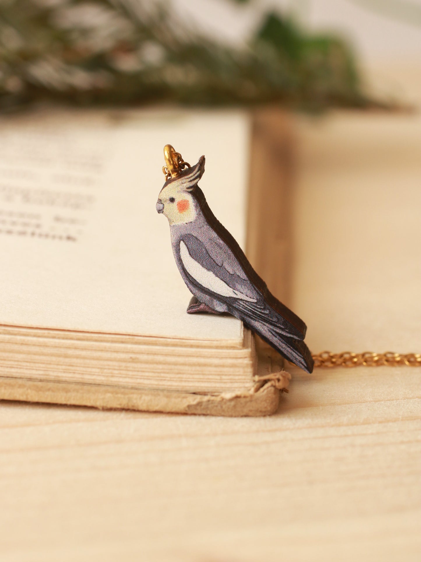 Cockatiel necklace - wooden parrot pendant