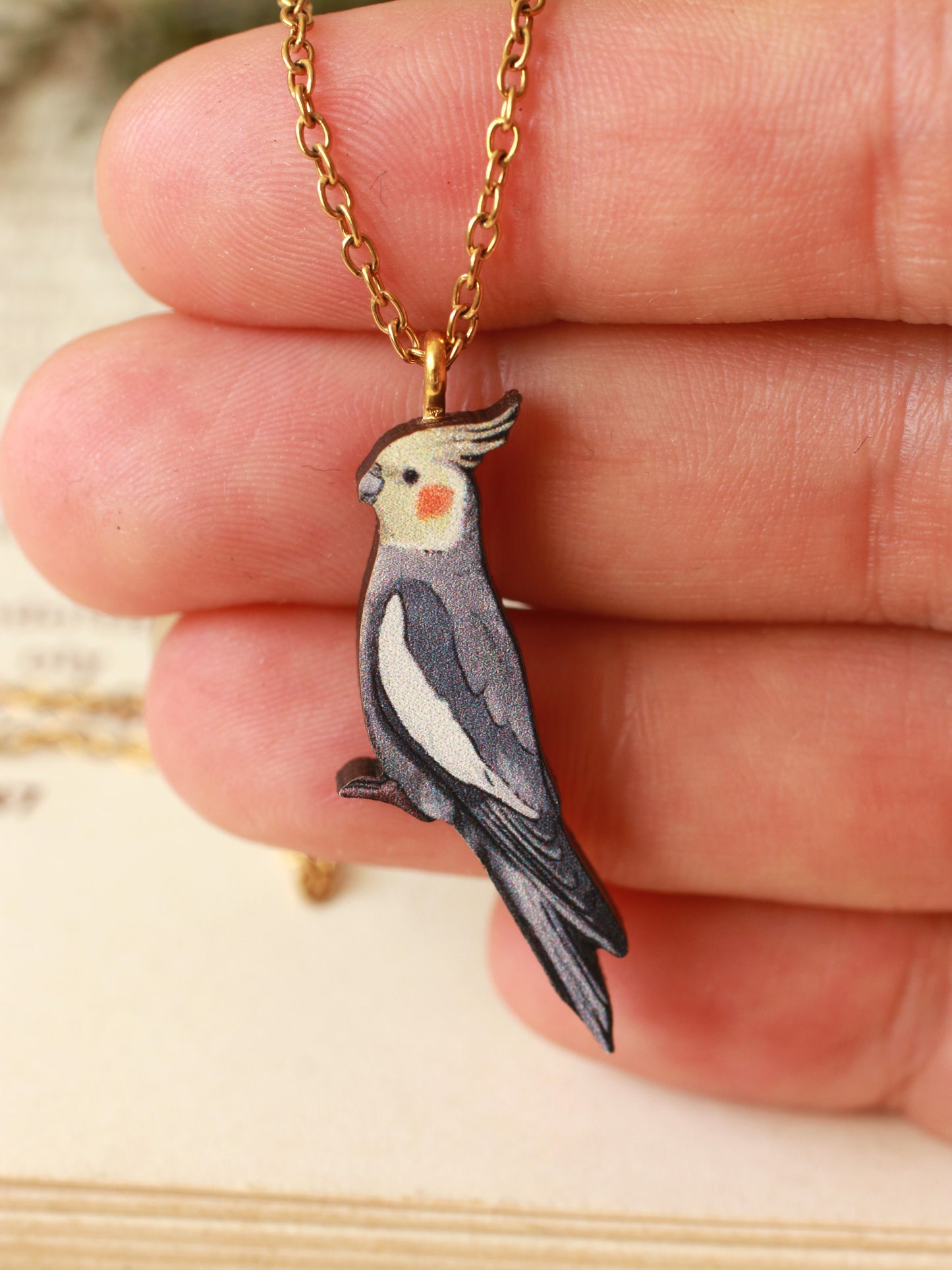 Cockatiel necklace - wooden parrot pendant