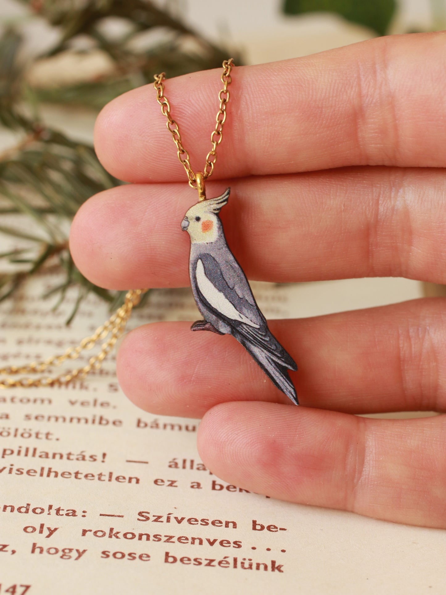 Cockatiel necklace - wooden parrot pendant