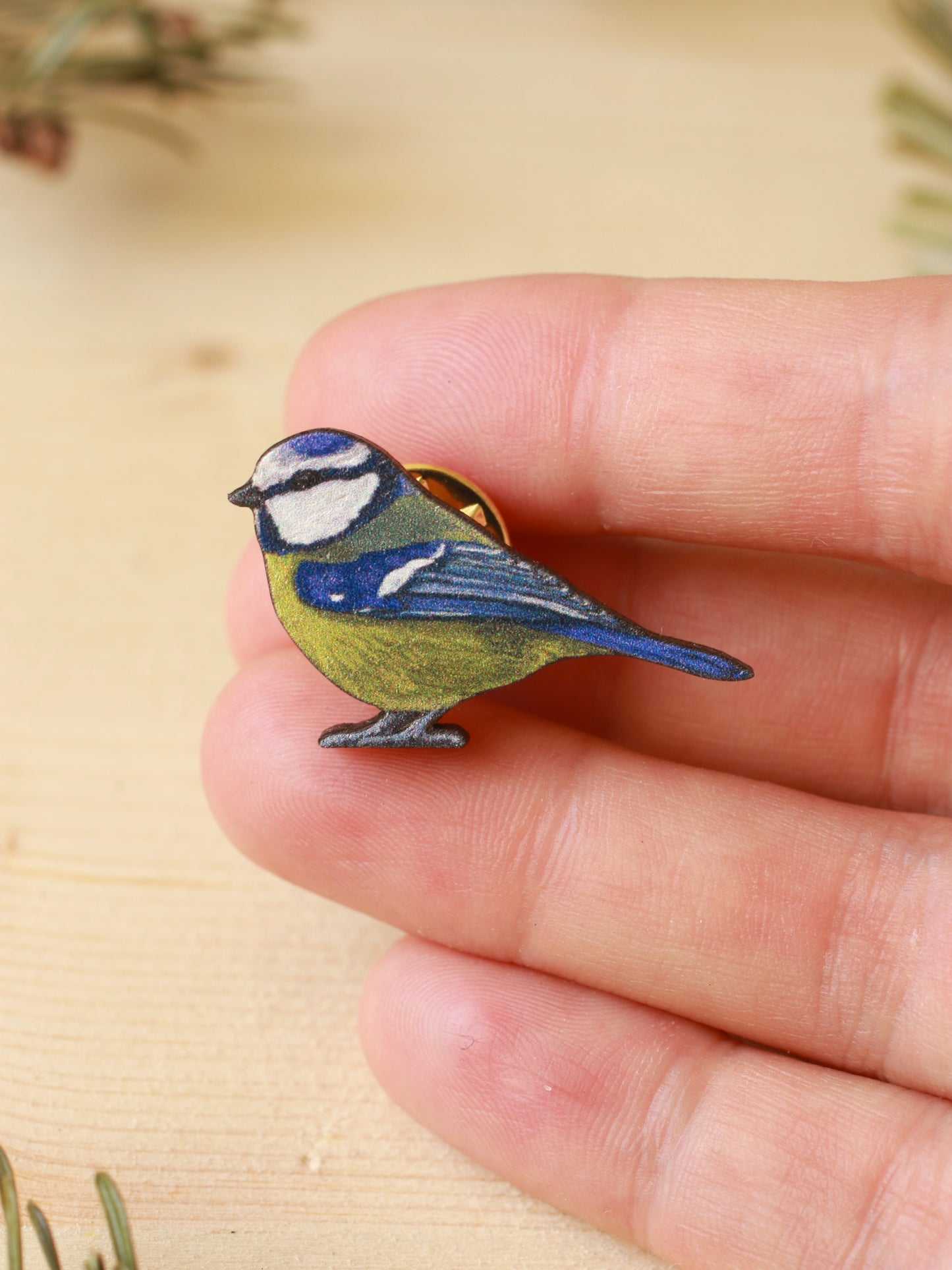 Blue tit pin - wooden bird pin