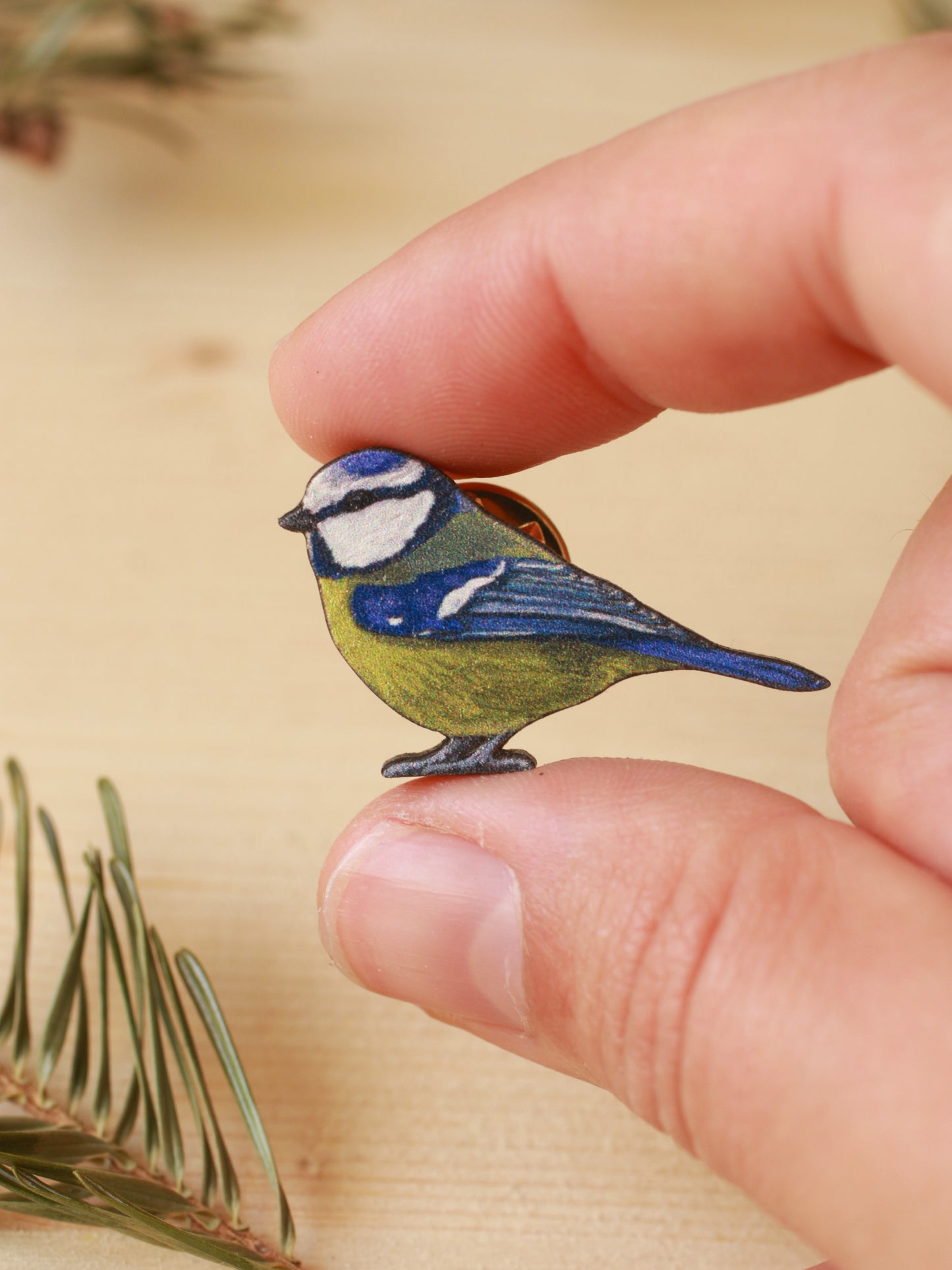 Blue tit pin - wooden bird pin