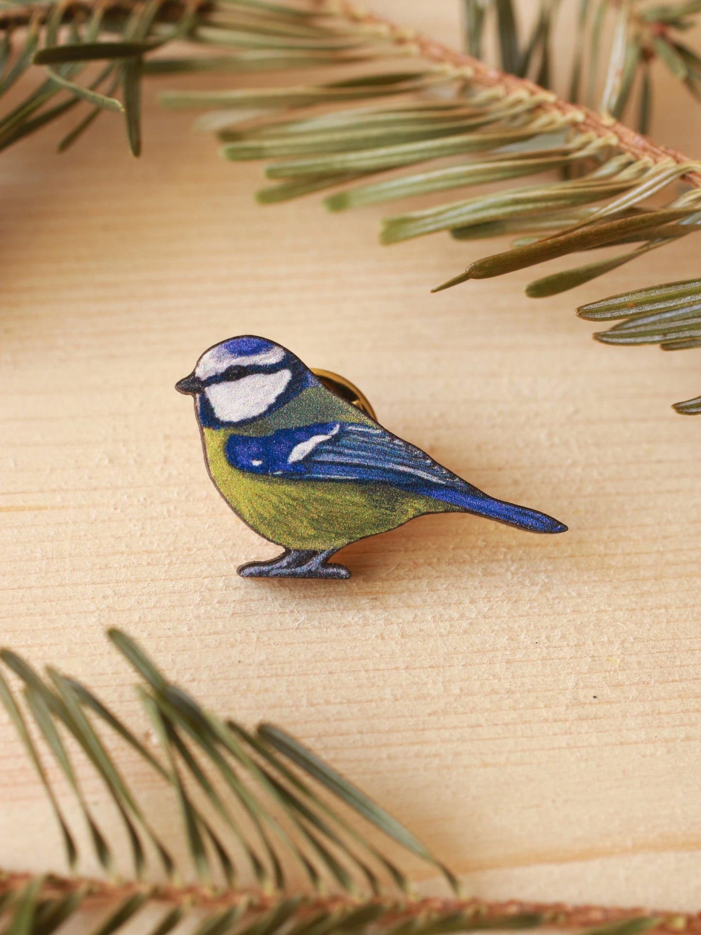 Blue tit pin - wooden bird pin