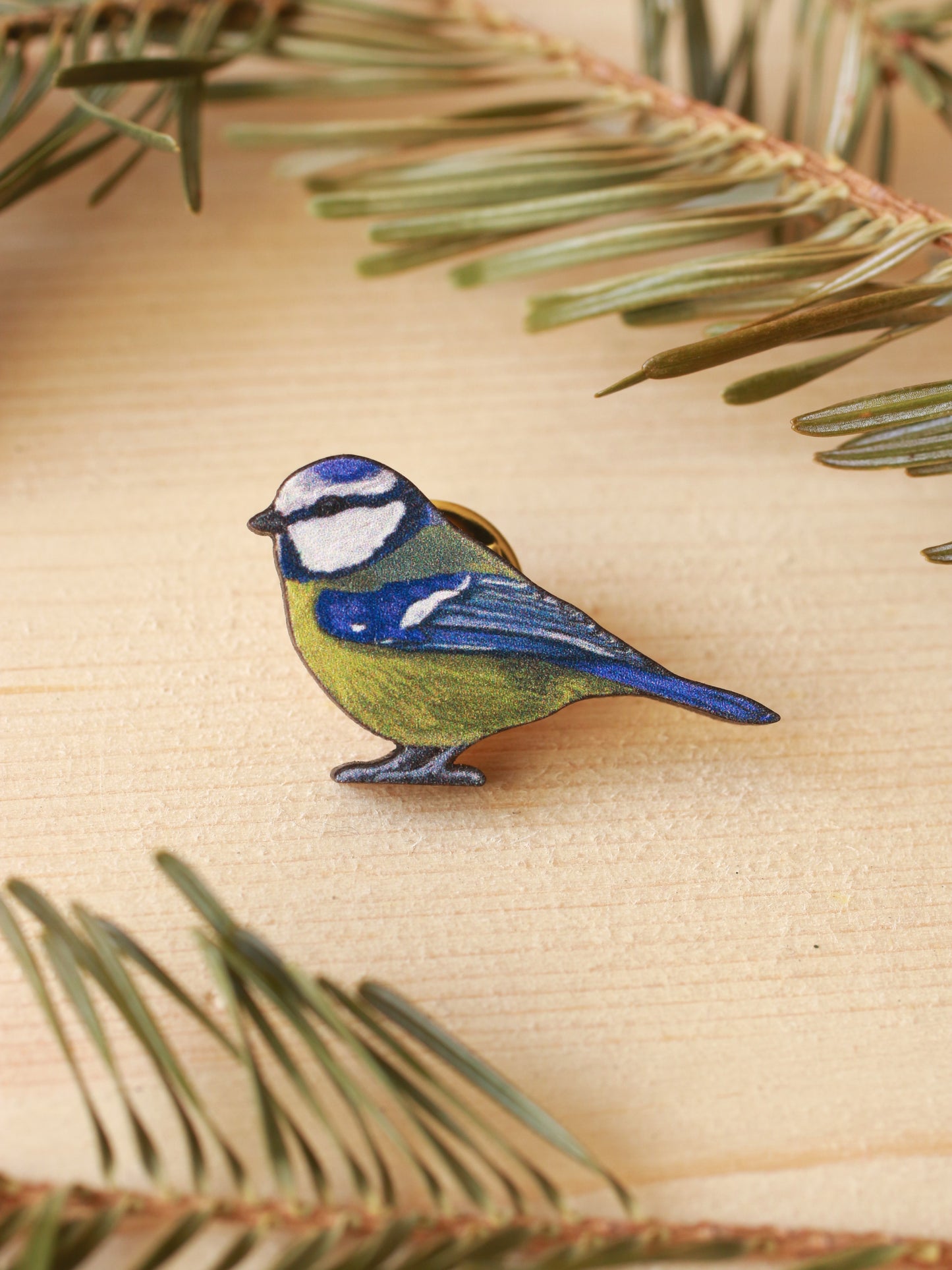 Blue tit pin - wooden bird pin