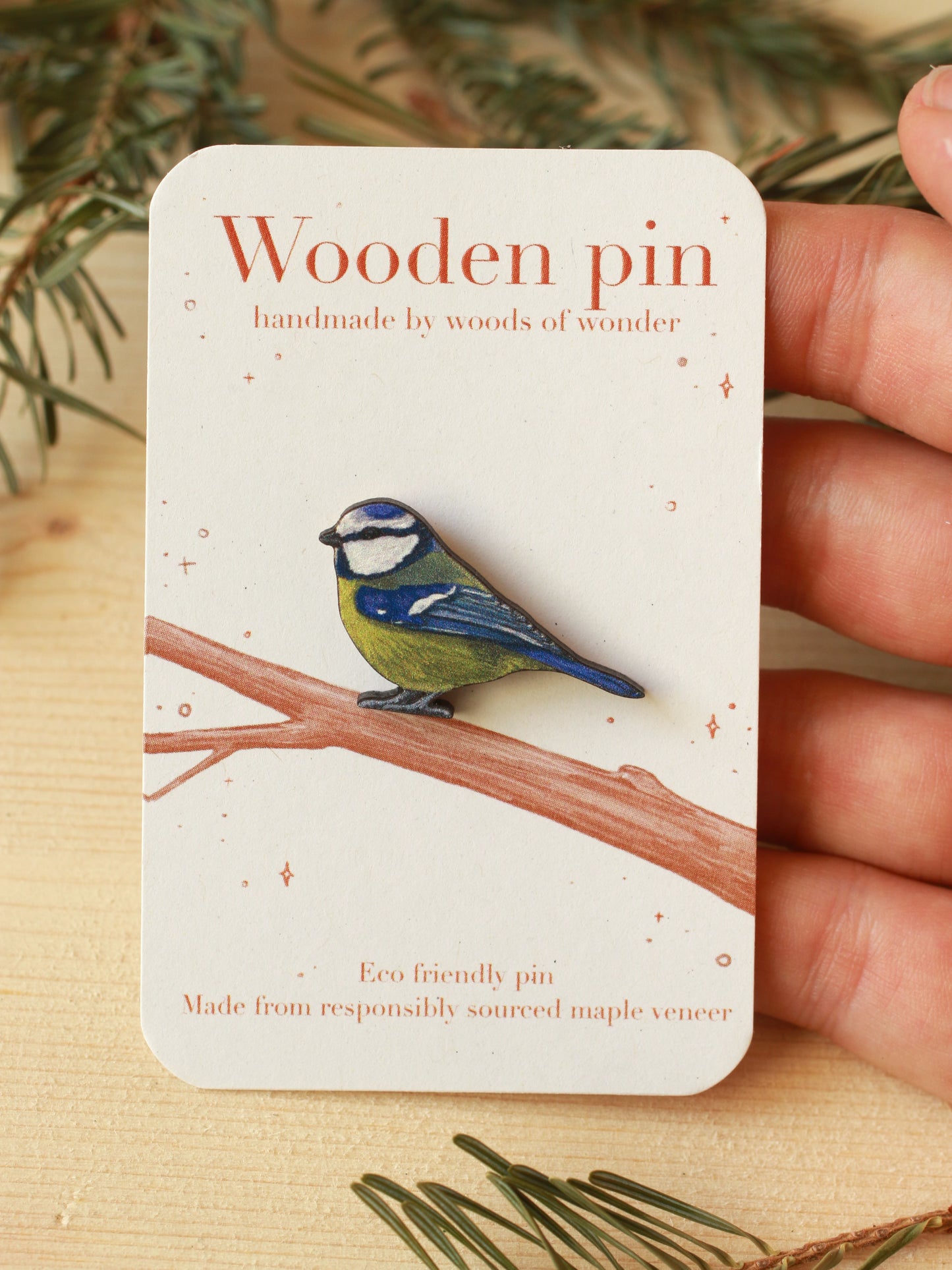 Blue tit pin - wooden bird pin