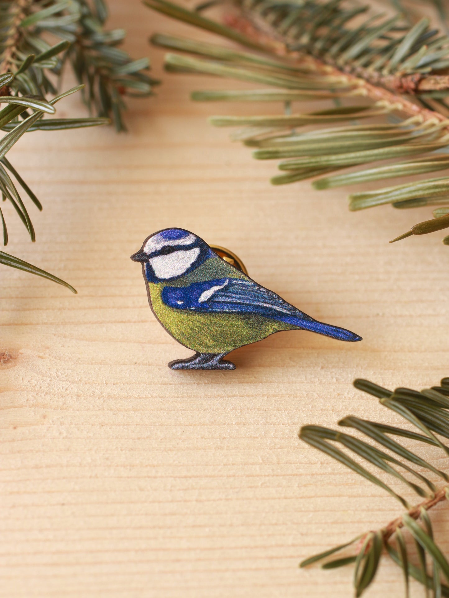 Blue tit pin - wooden bird pin