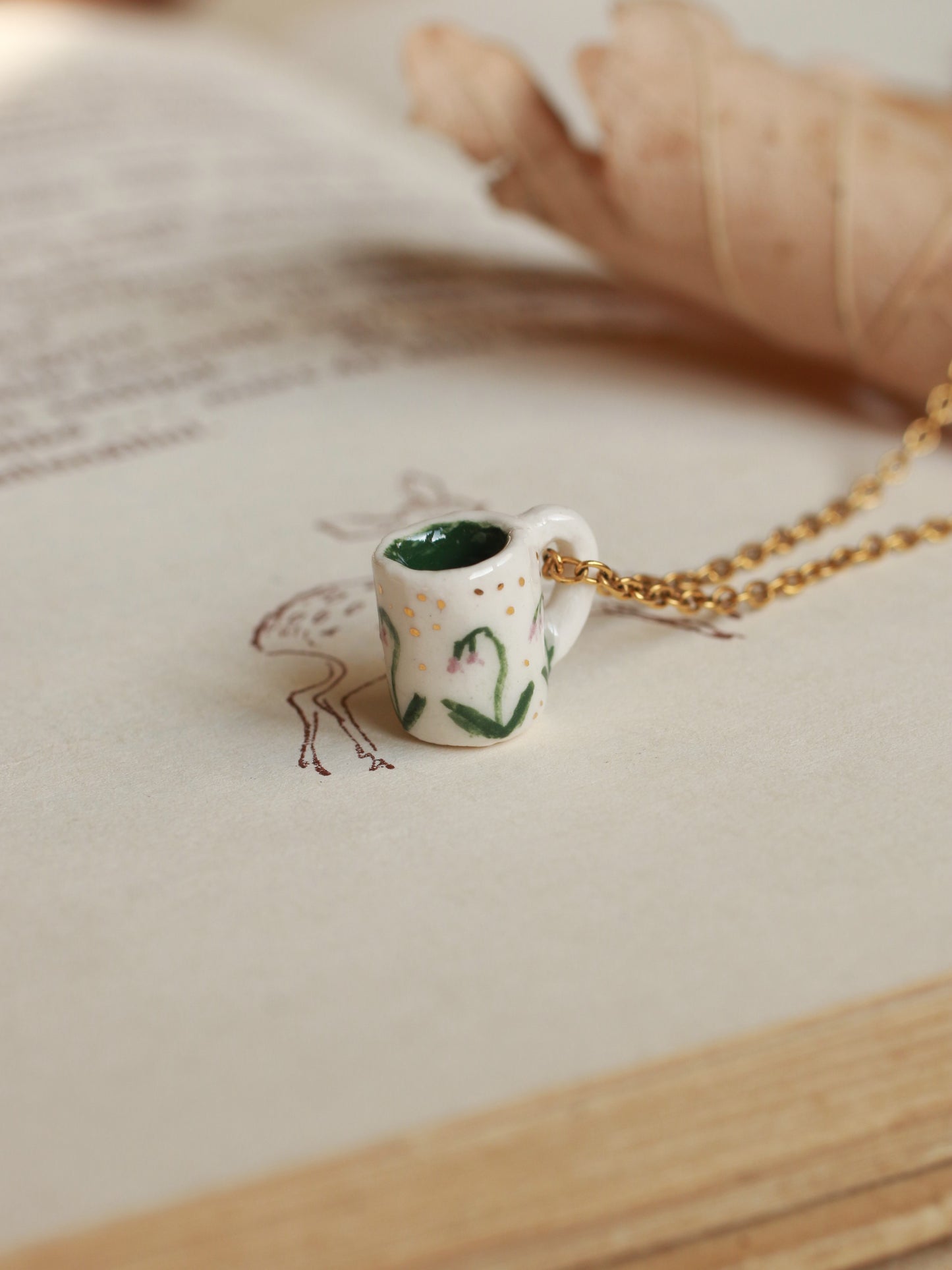 Tiny cup necklace - lily of the valley mug