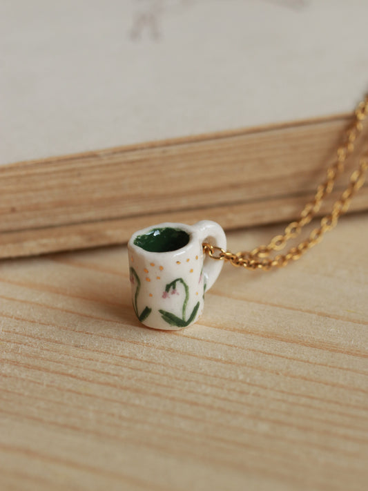 Tiny cup necklace - lily of the valley mug