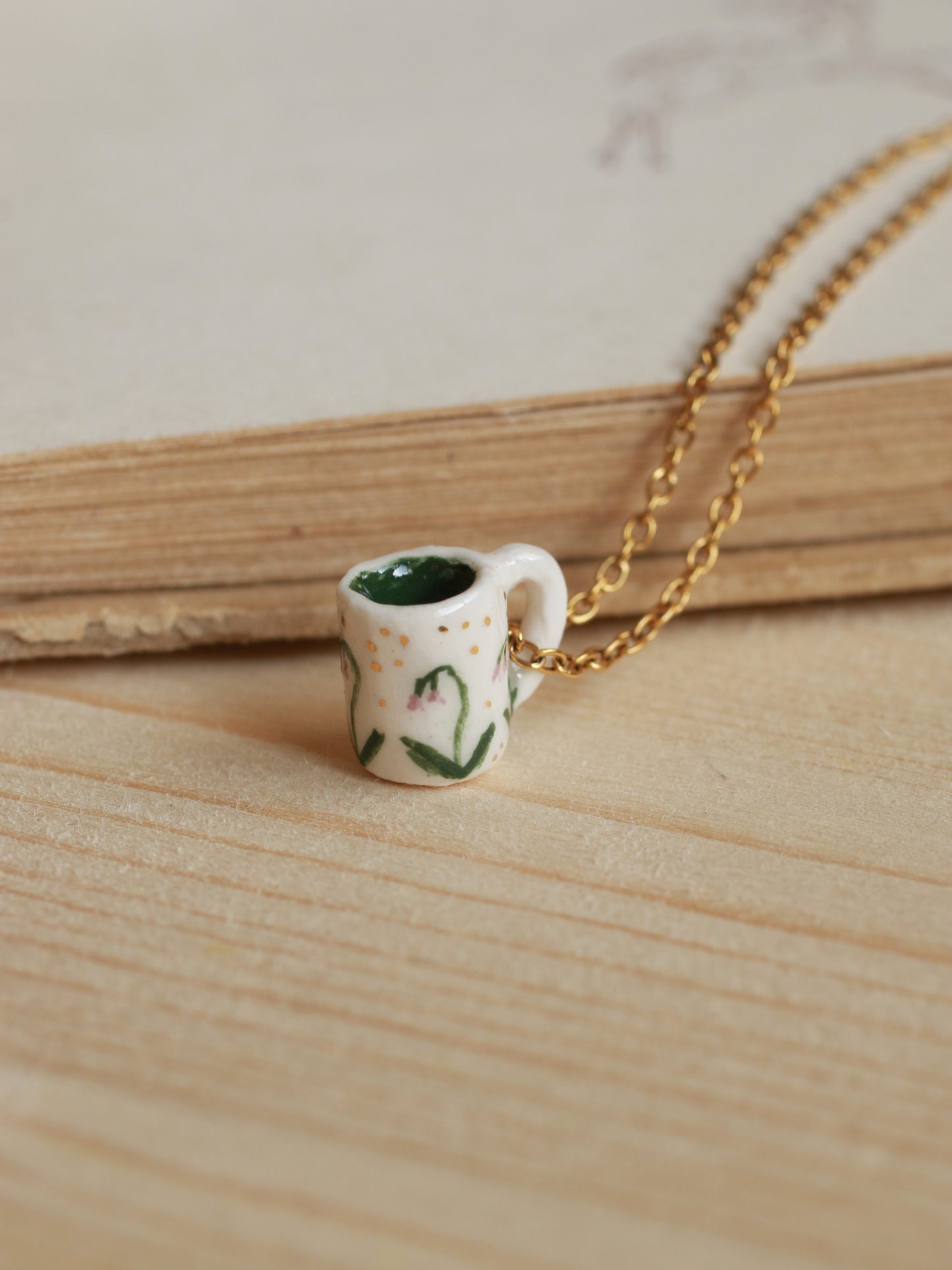 Tiny cup necklace - lily of the valley mug