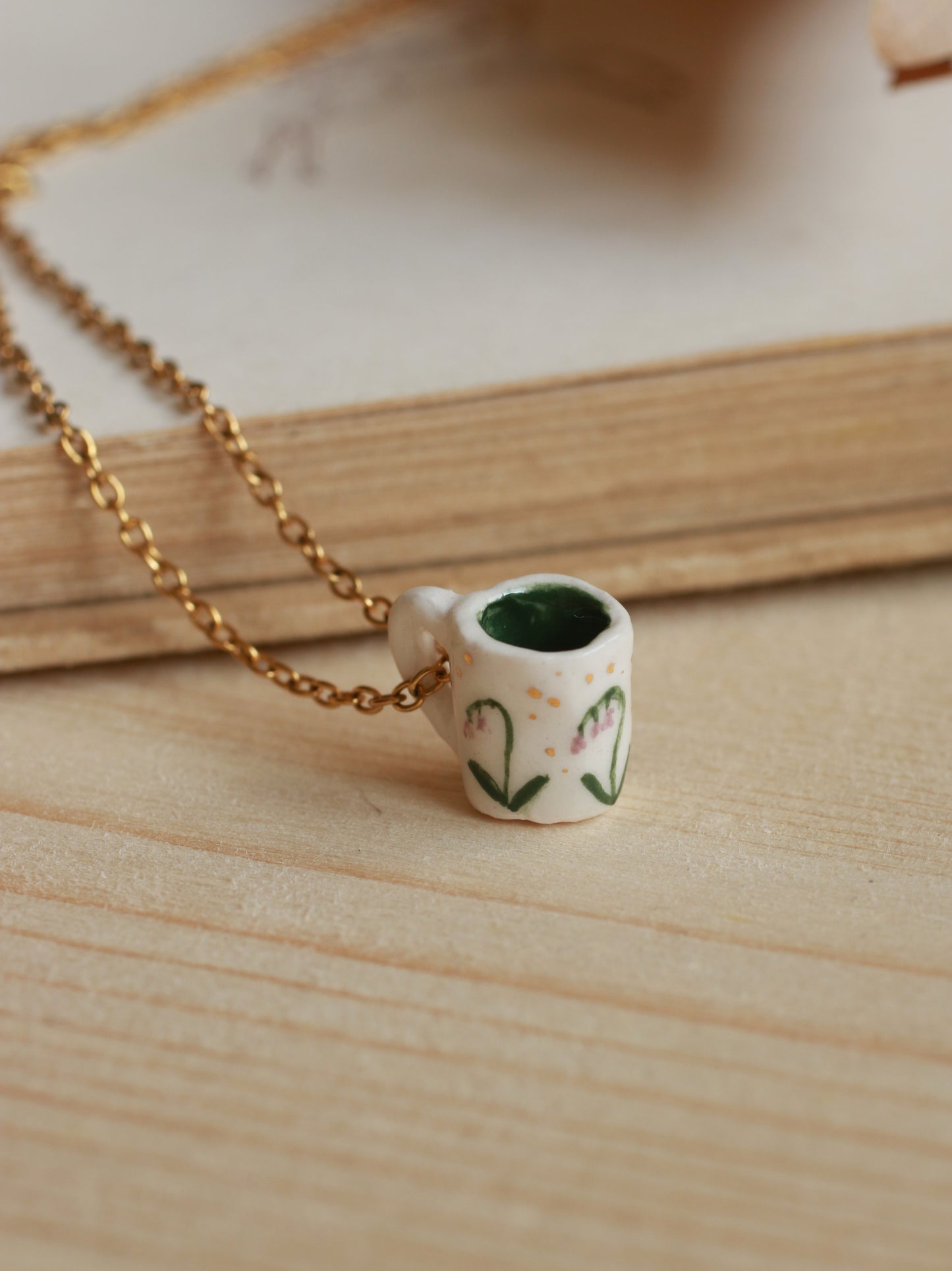 Tiny cup necklace - lily of the valley mug