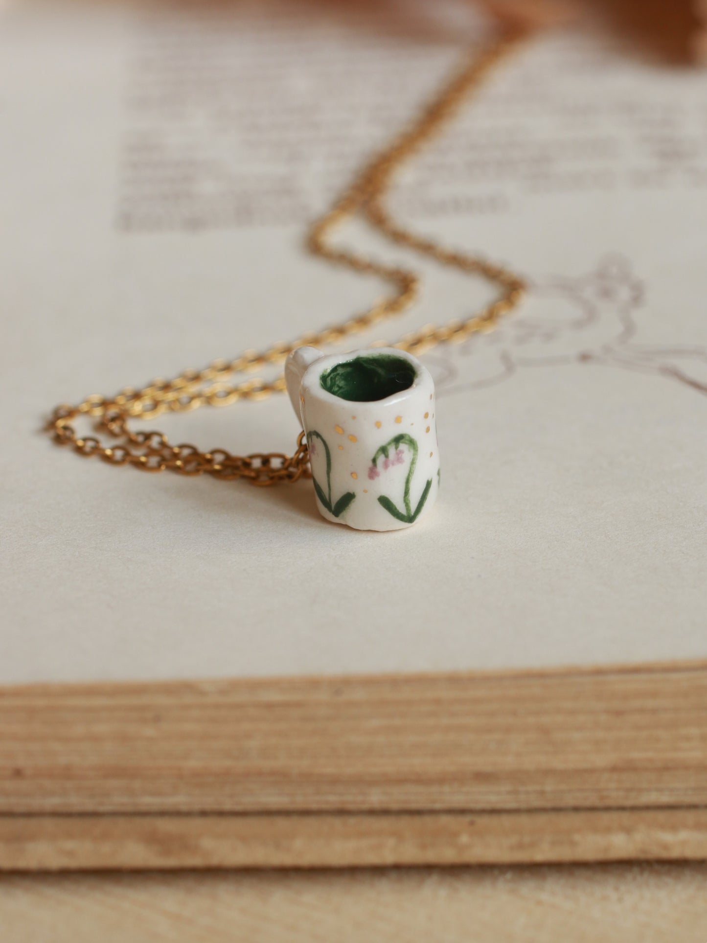 Tiny cup necklace - lily of the valley mug